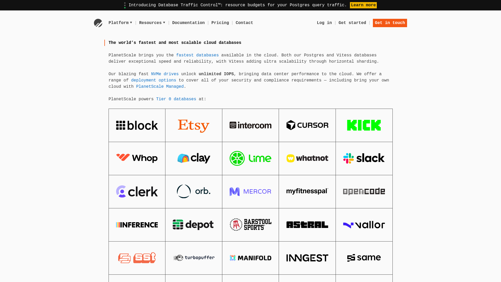 Screenshot of PlanetScale website