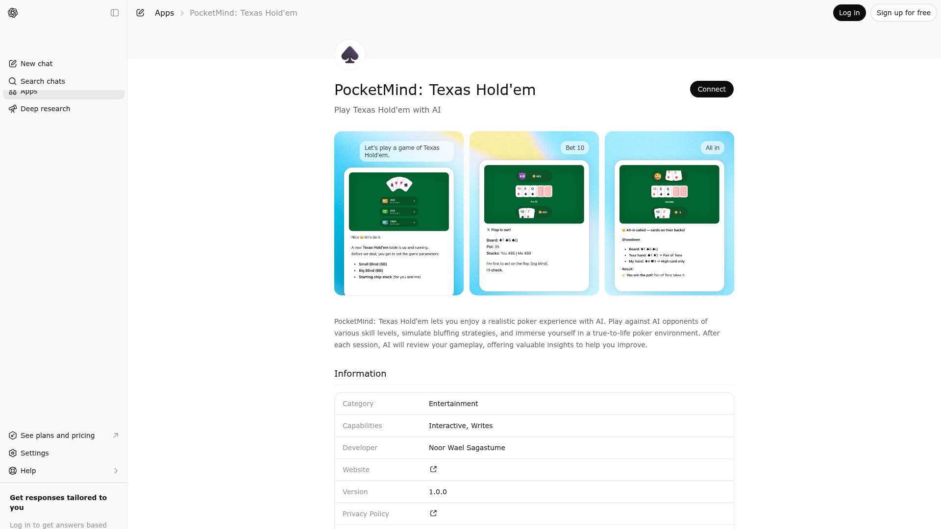 Screenshot of PocketMind: Texas Hold'em website
