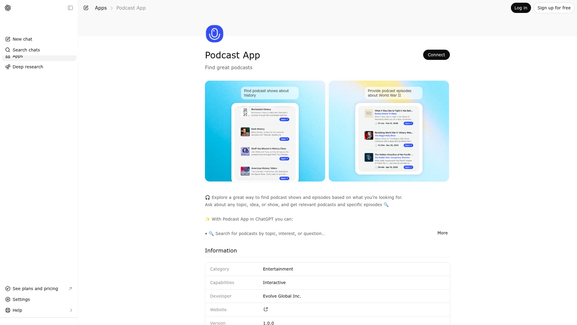 Screenshot of Podcast App website