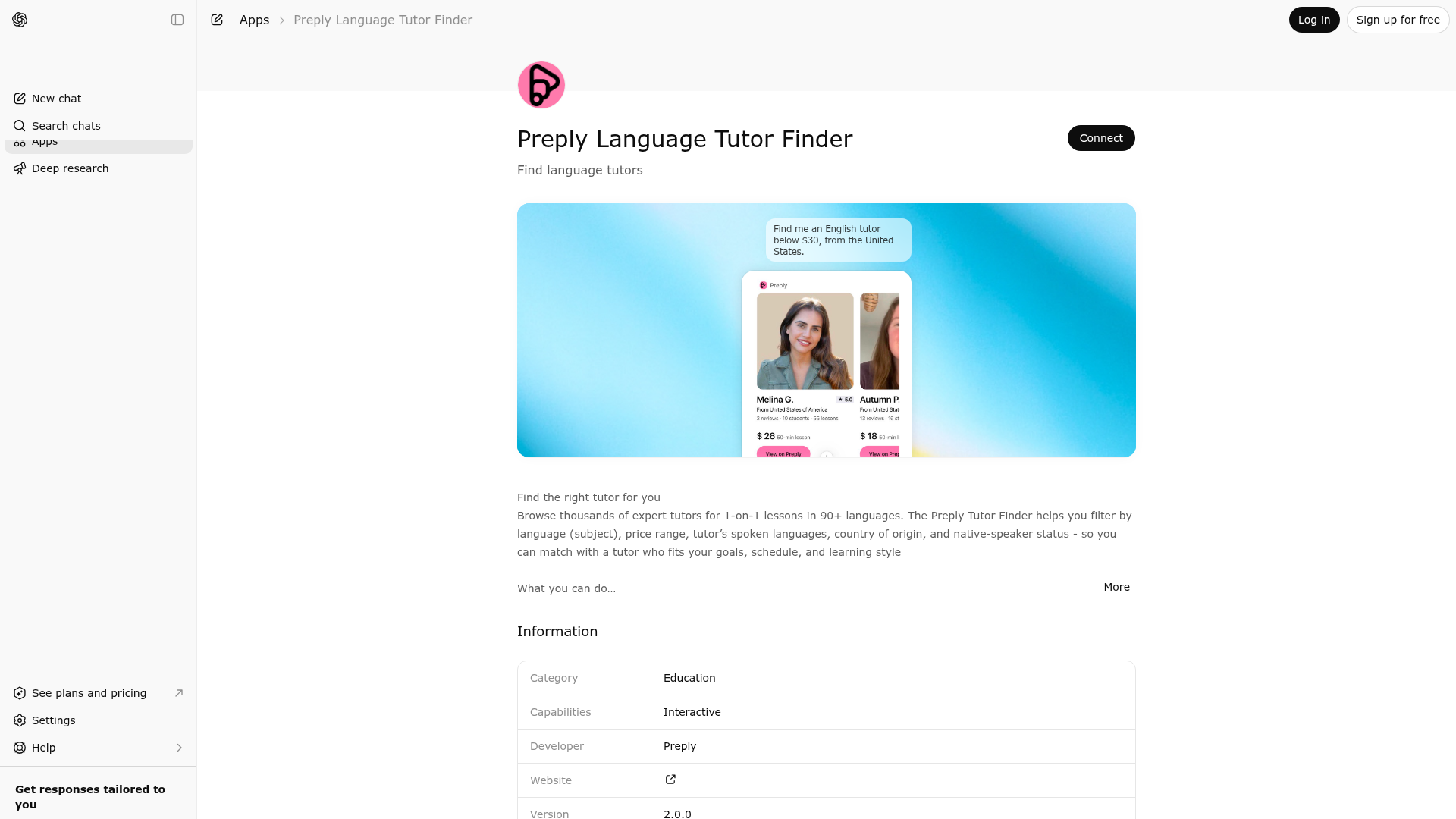 Screenshot of Preply Language Tutor Finder website