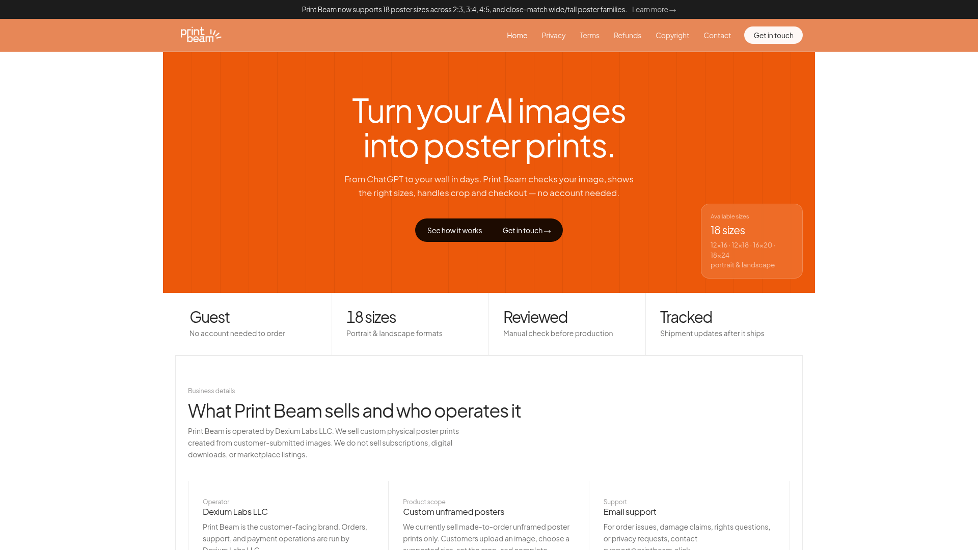 Screenshot of Print Beam website
