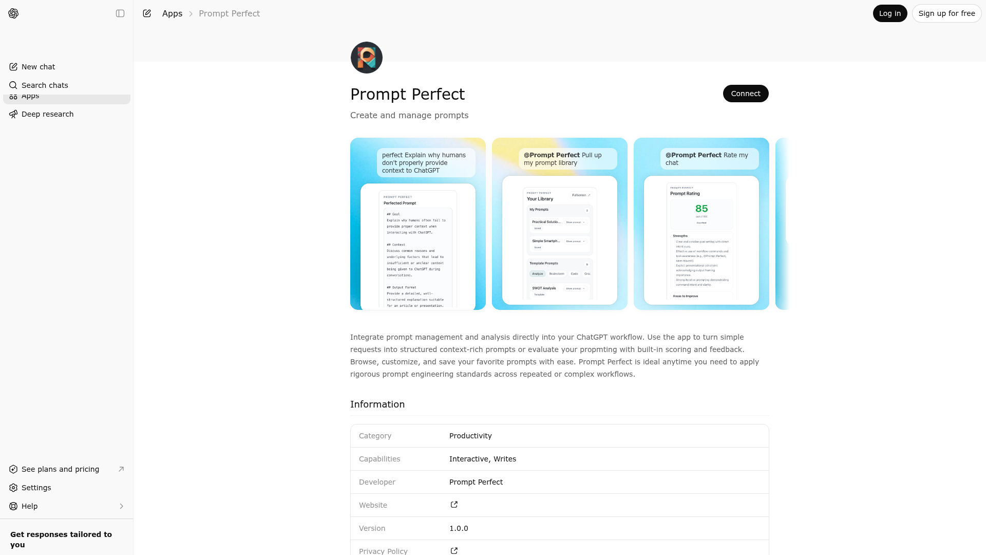 Screenshot of Prompt Perfect website
