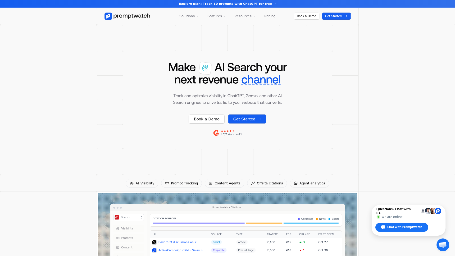 Screenshot of PromptWatch website