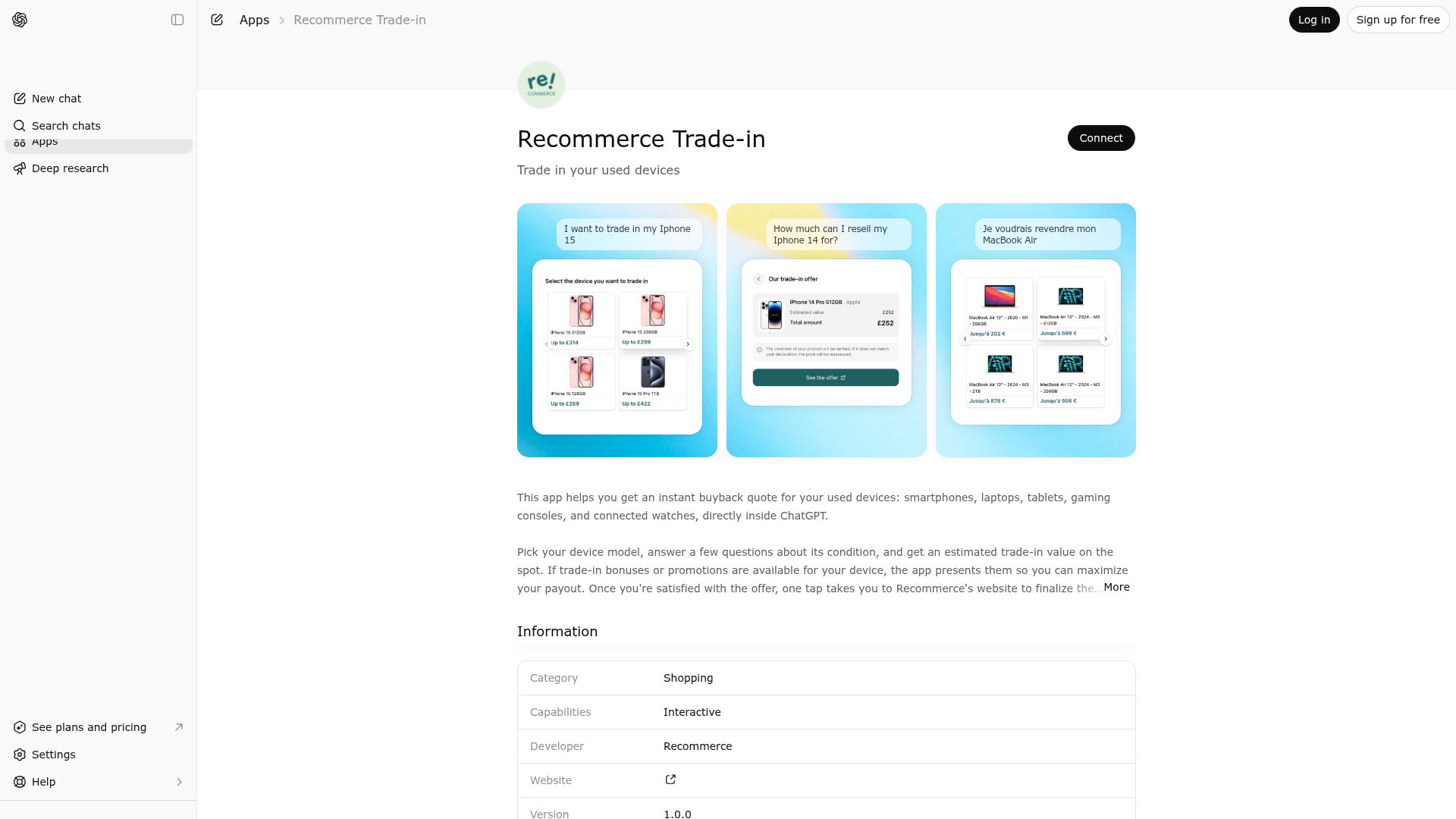 Screenshot of Recommerce Trade-in website
