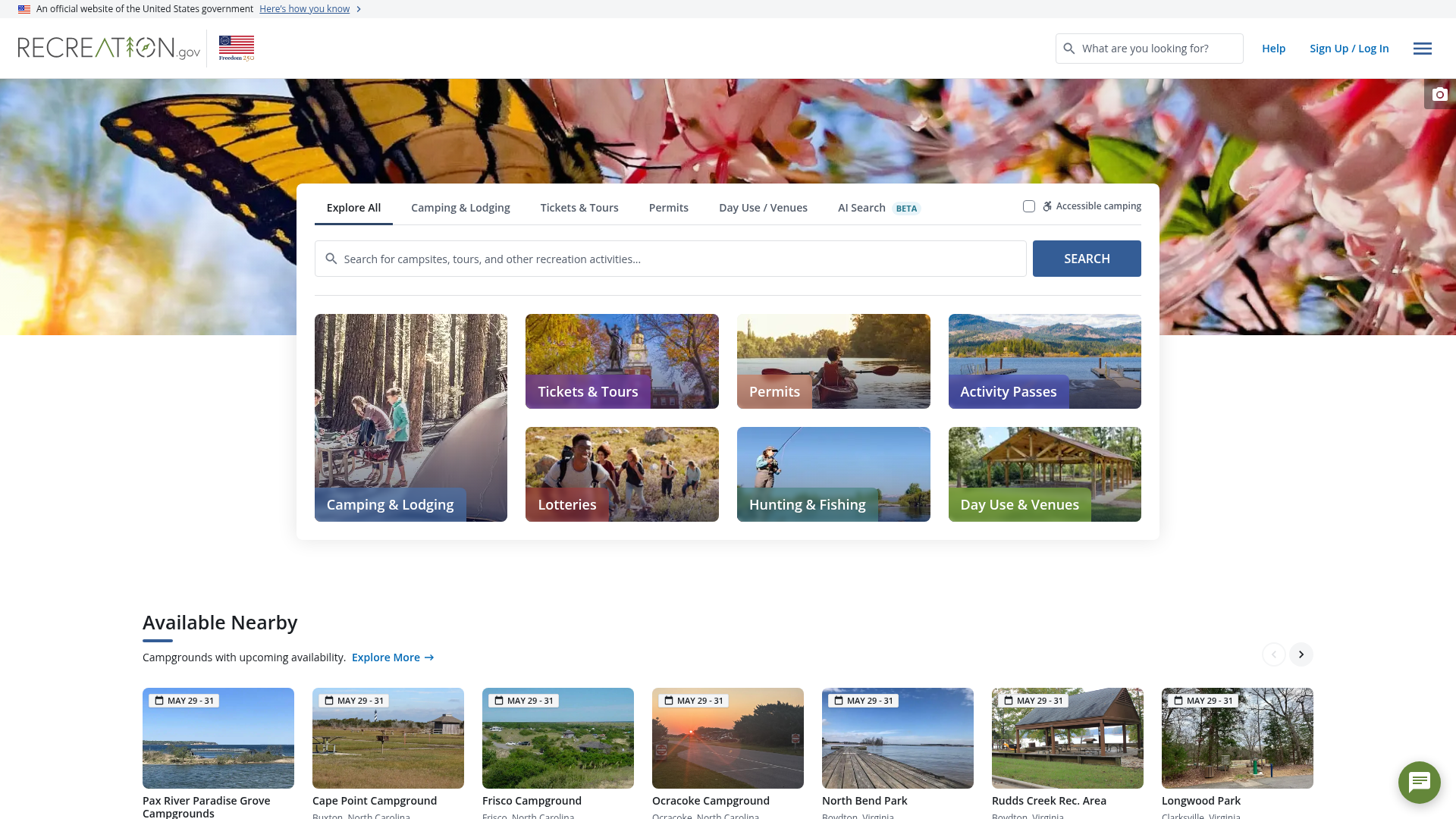 Screenshot of Recreation.gov website