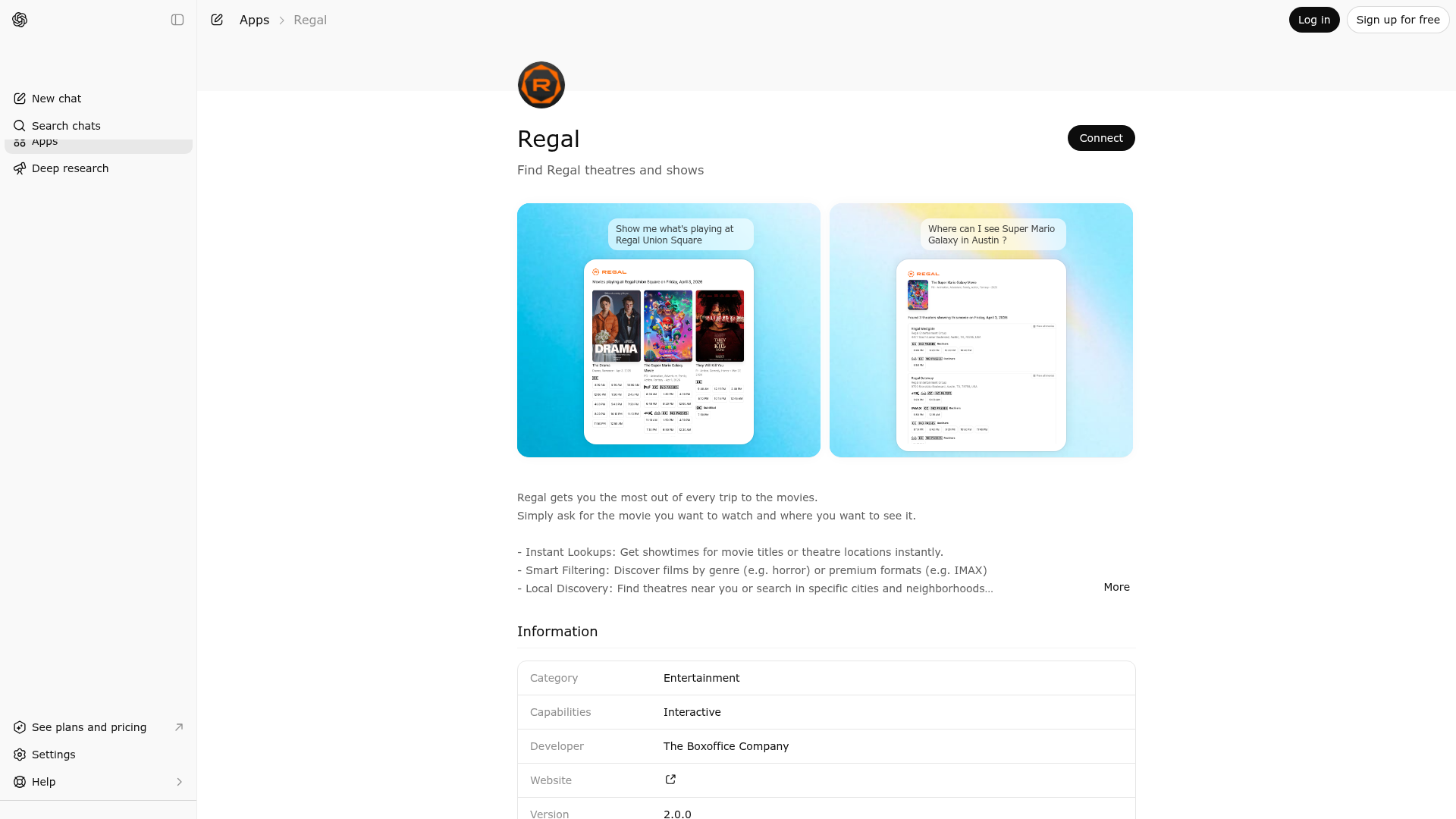 Screenshot of Regal website