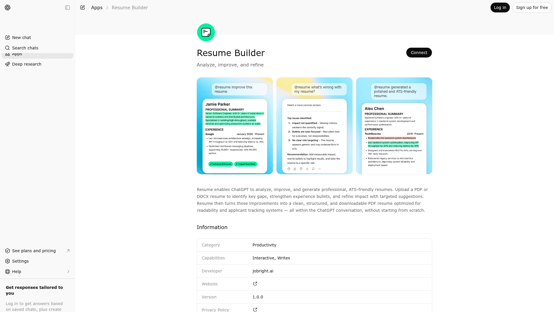 Screenshot of Resume Builder website