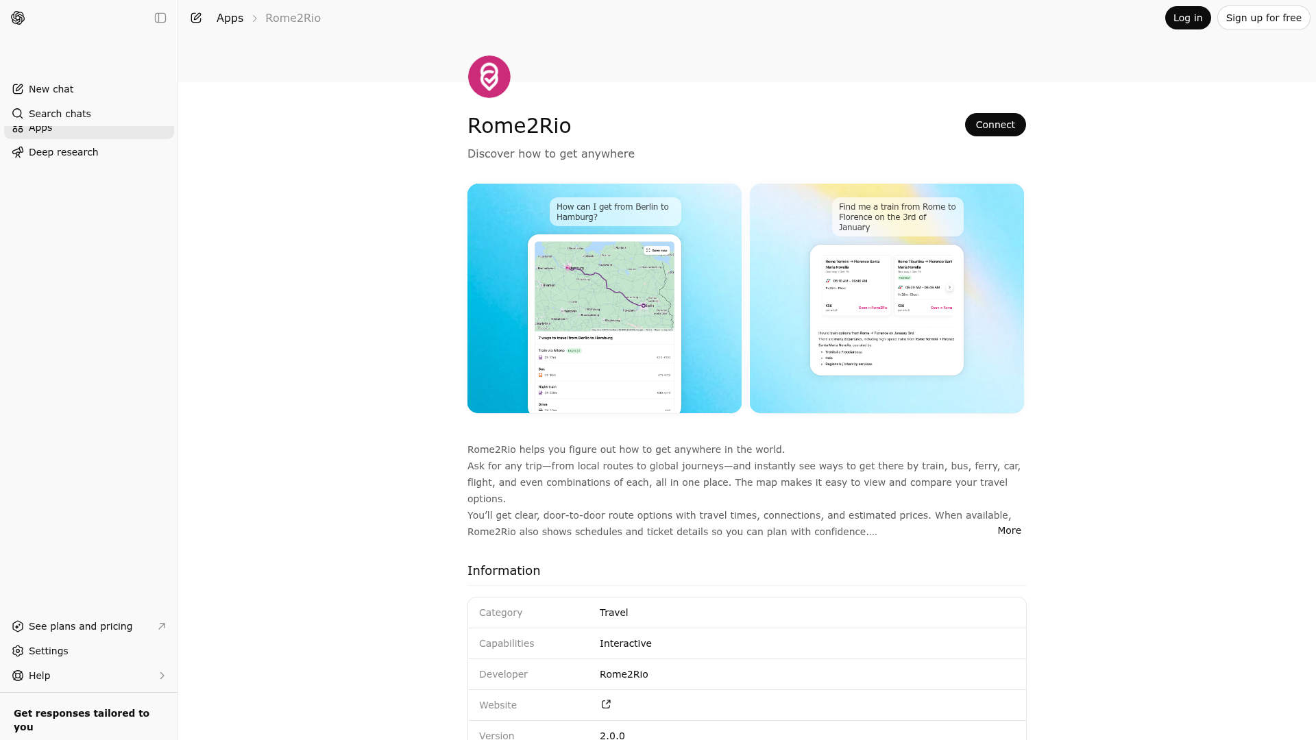 Screenshot of Rome2Rio website