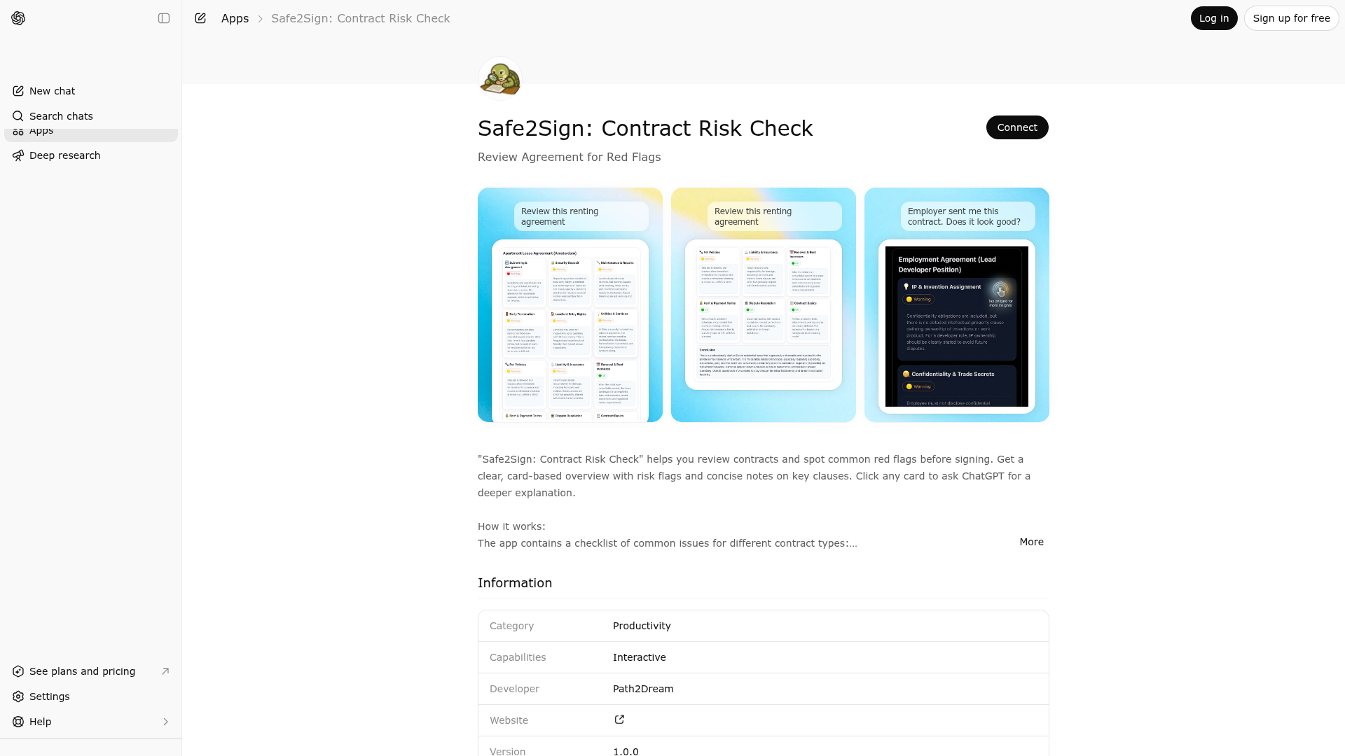 Screenshot of Safe2Sign: Contract Risk Check website