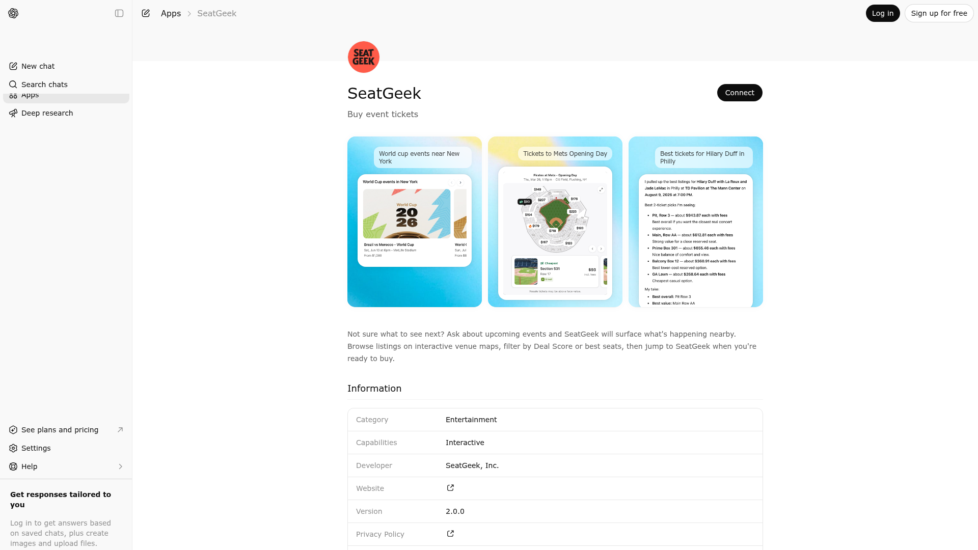 Screenshot of SeatGeek website