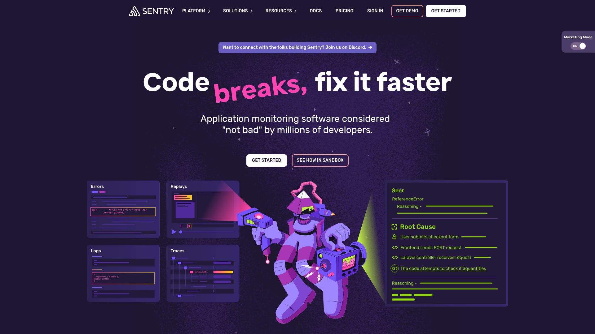 Screenshot of Sentry website