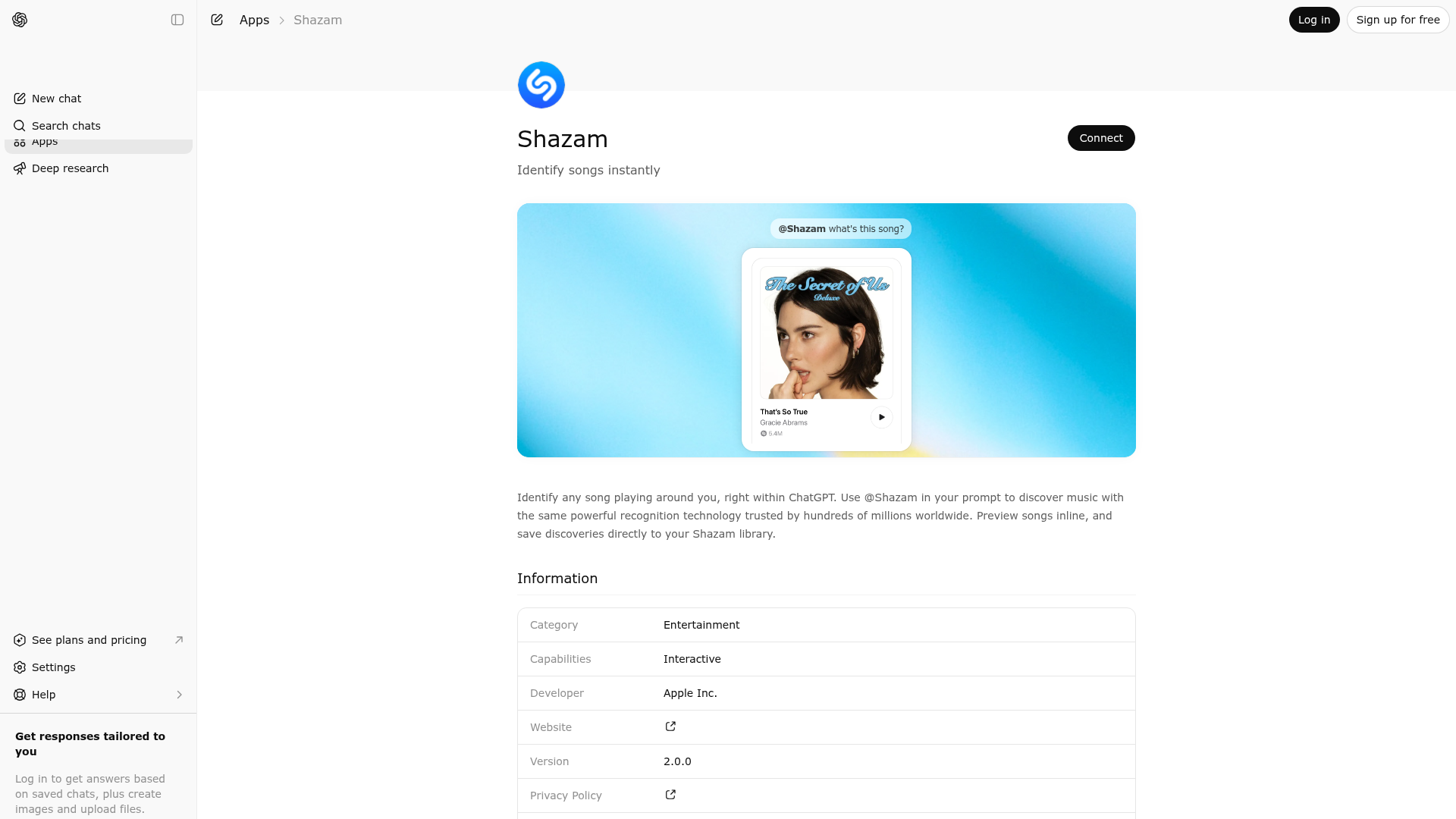 Screenshot of Shazam website