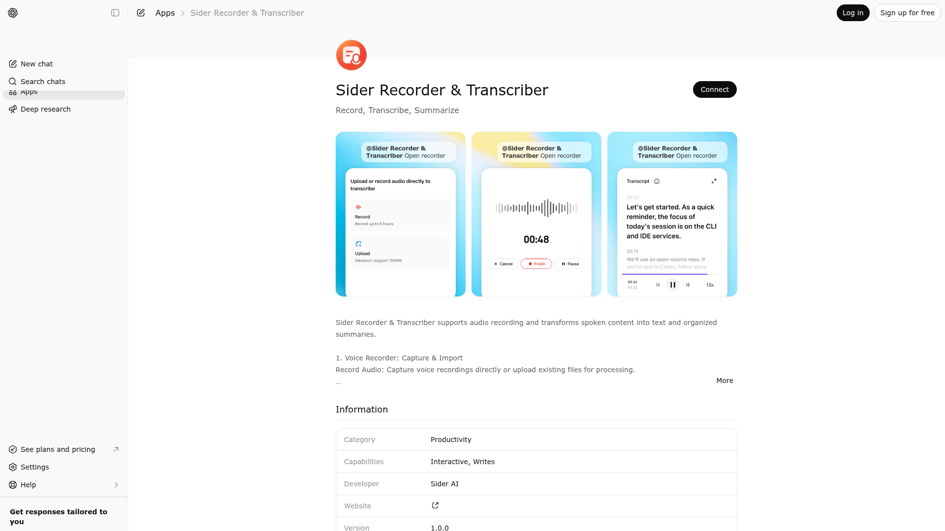 Screenshot of Sider Recorder & Transcriber website