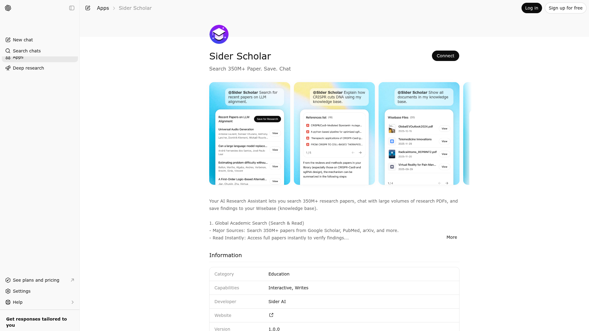 Screenshot of Sider Scholar website