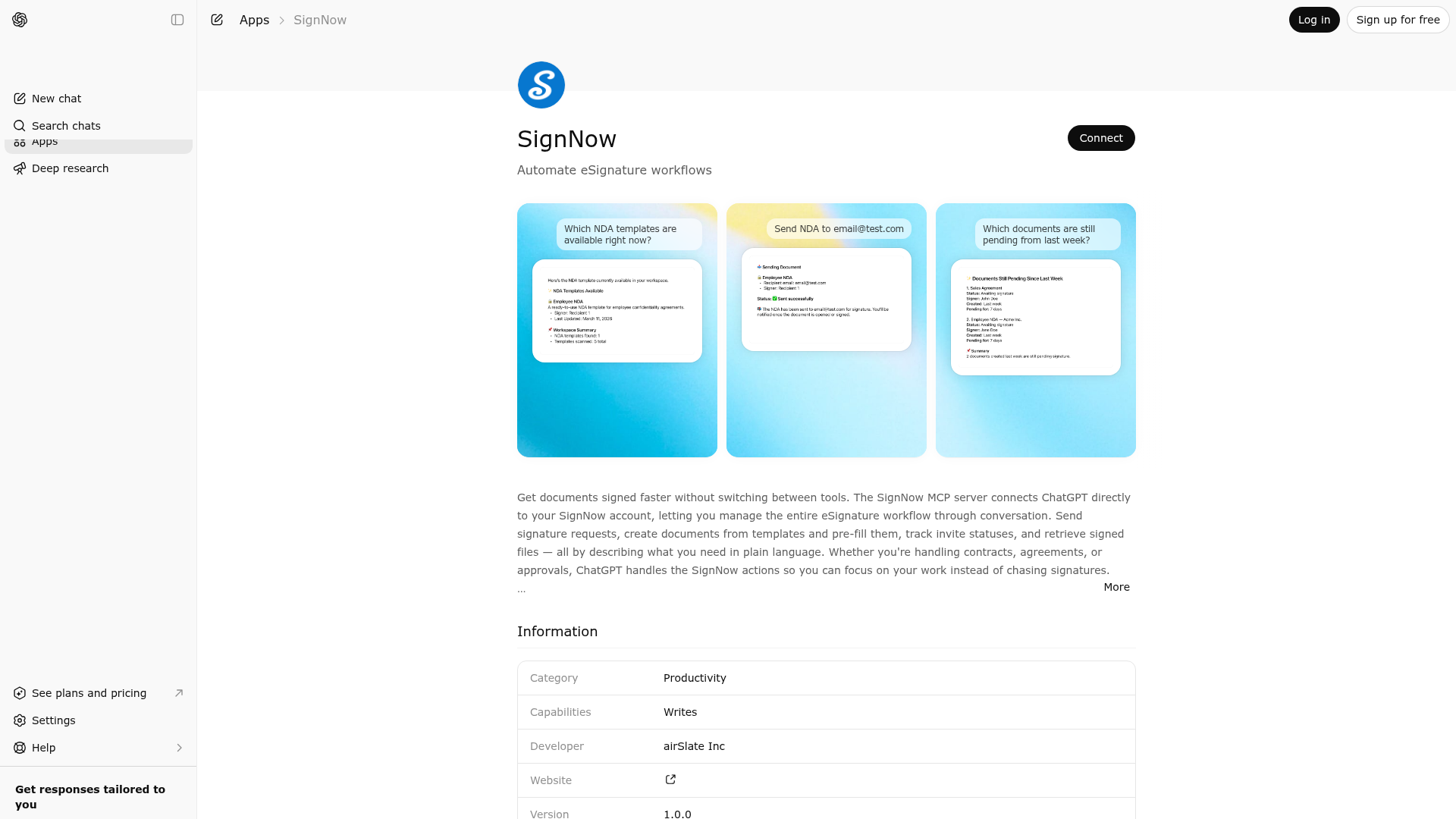 Screenshot of SignNow website