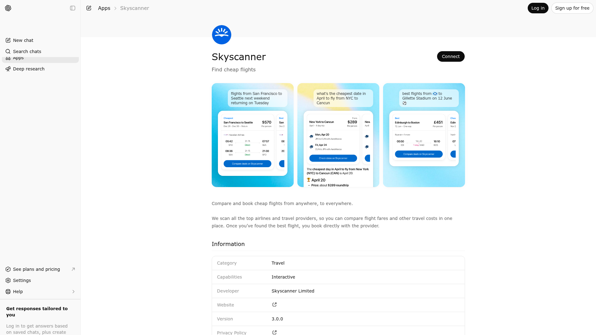 Screenshot of Skyscanner website