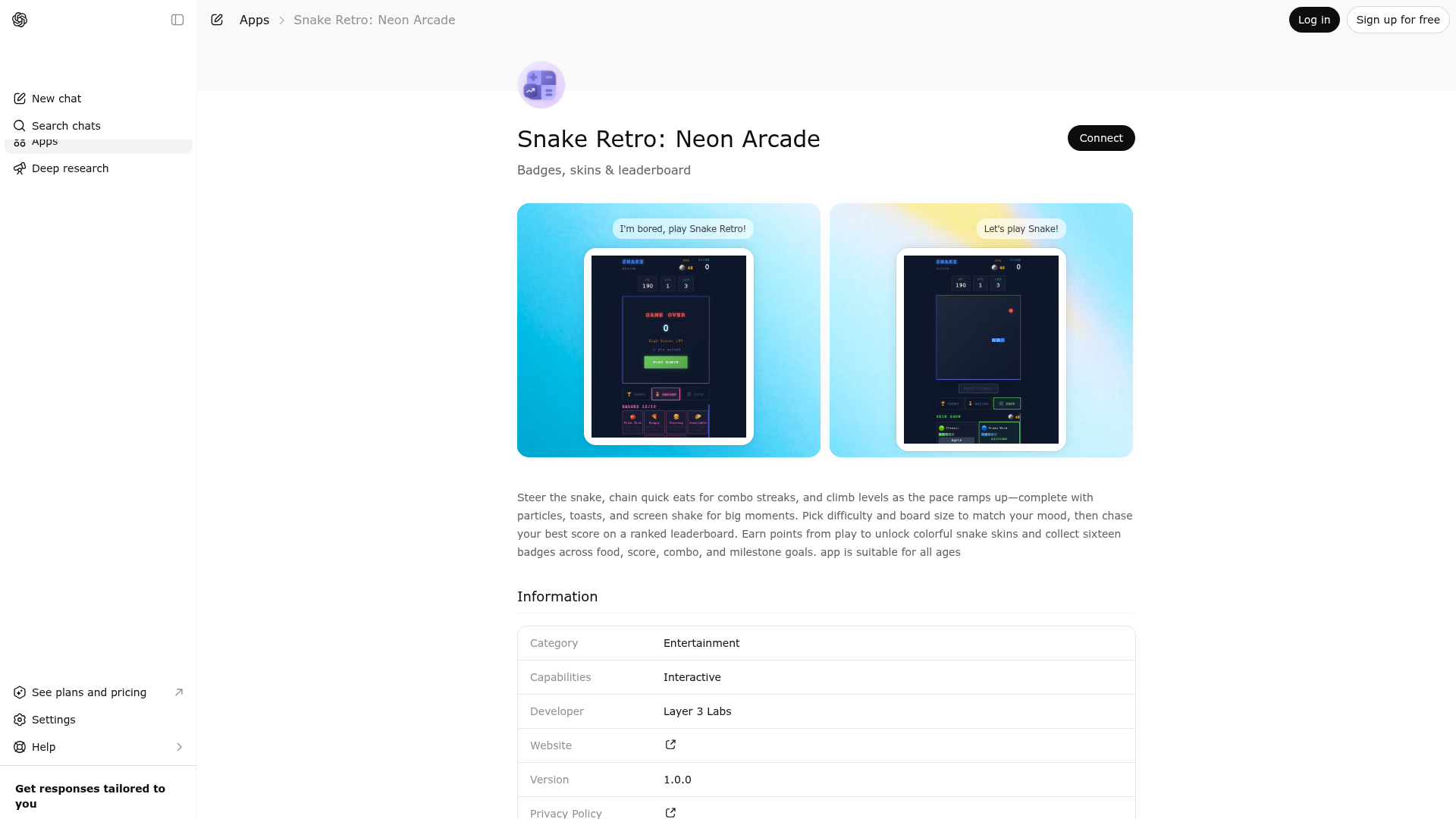 Screenshot of Snake Retro: Neon Arcade website