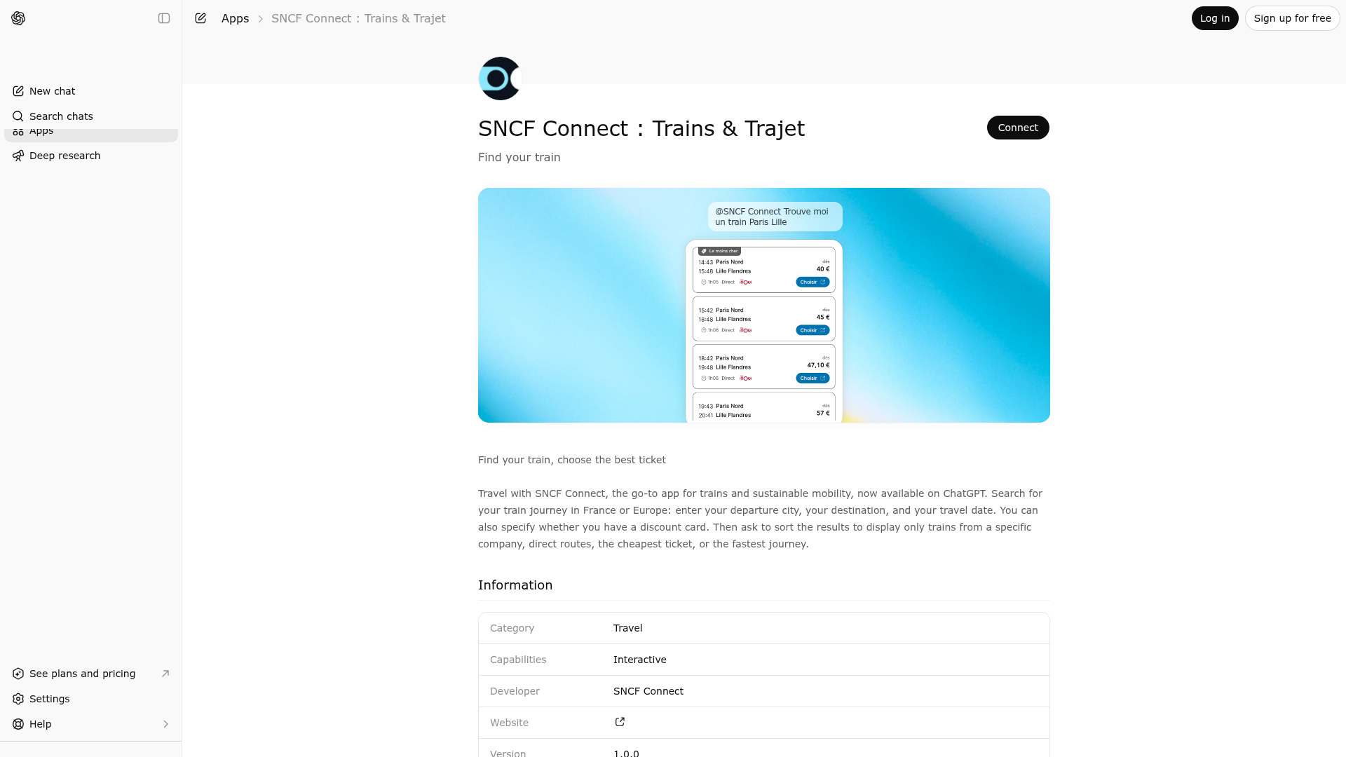 Screenshot of SNCF Connect : Trains & Trajet website