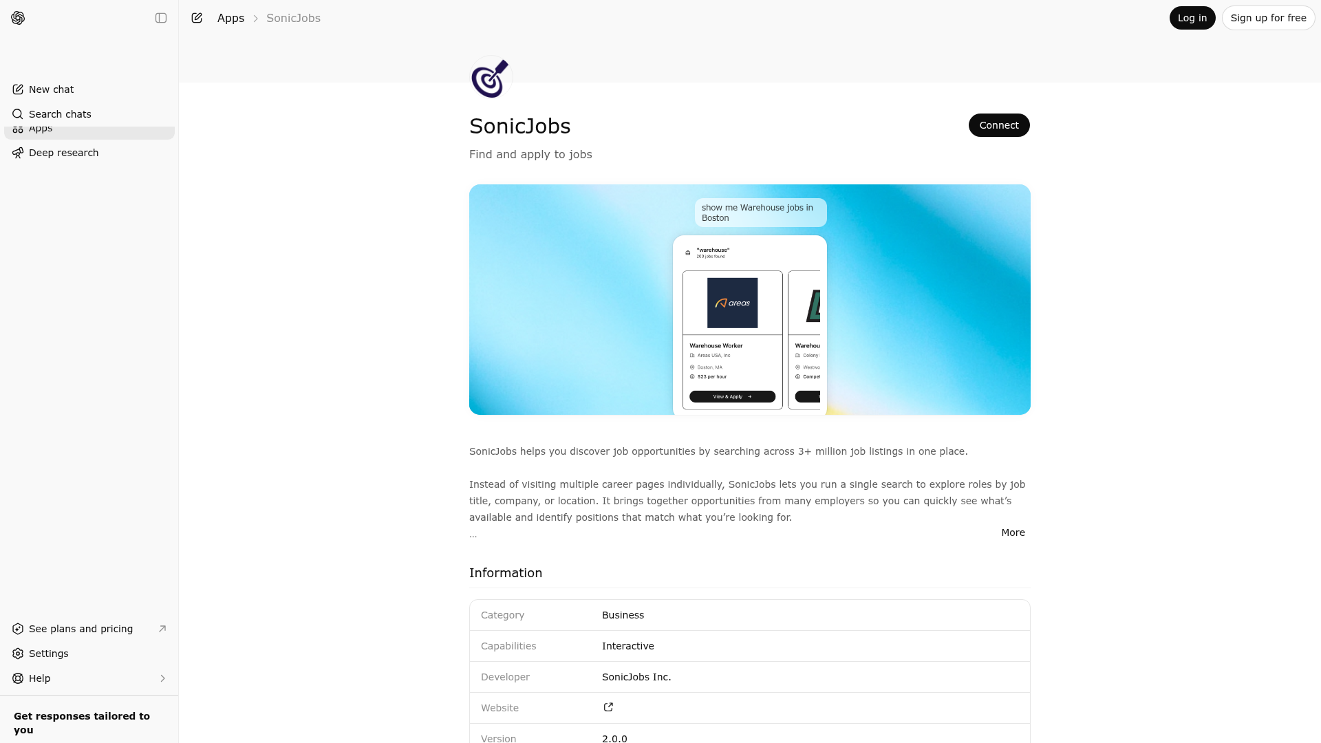 Screenshot of SonicJobs website