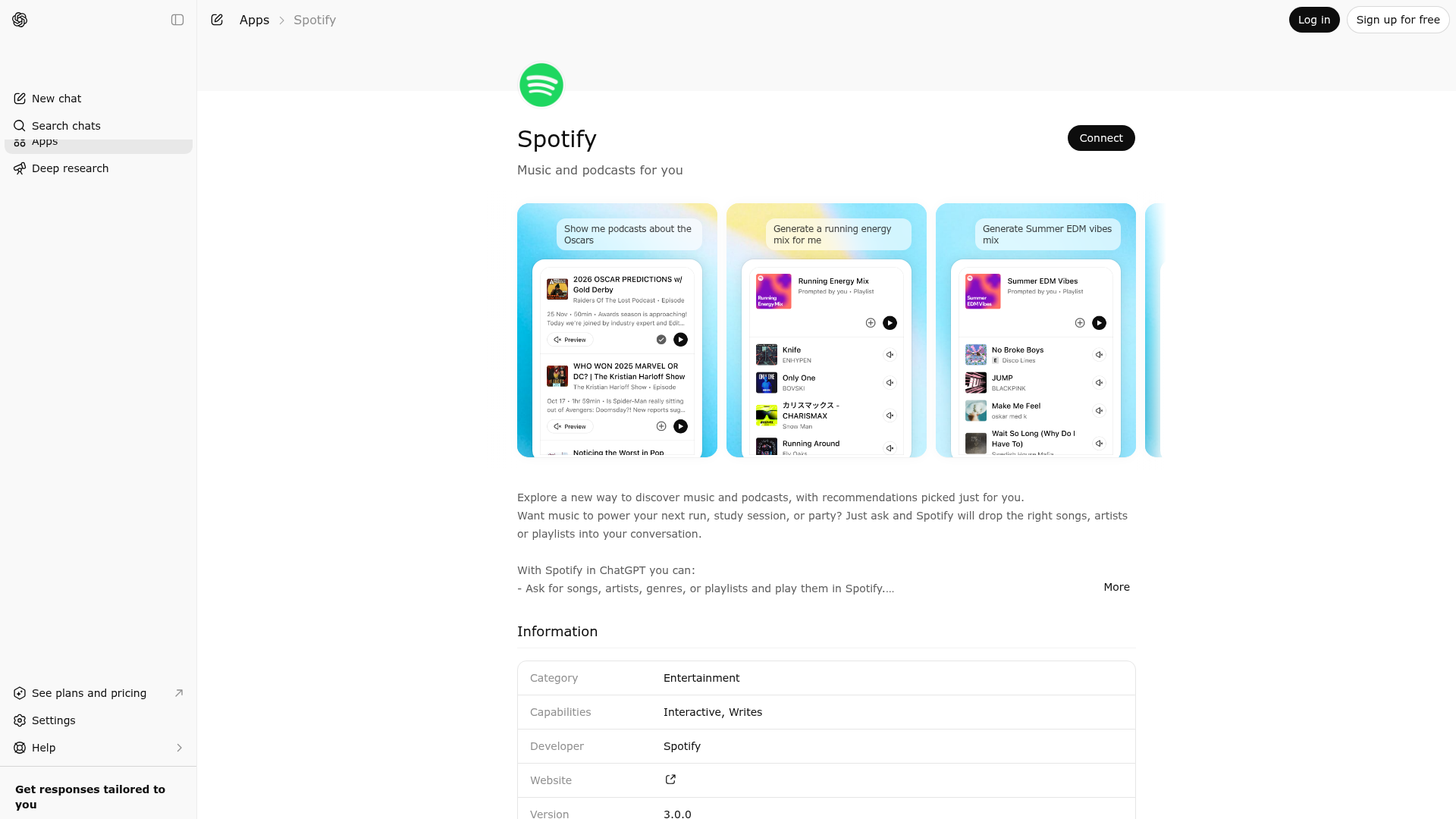 Screenshot of Spotify website