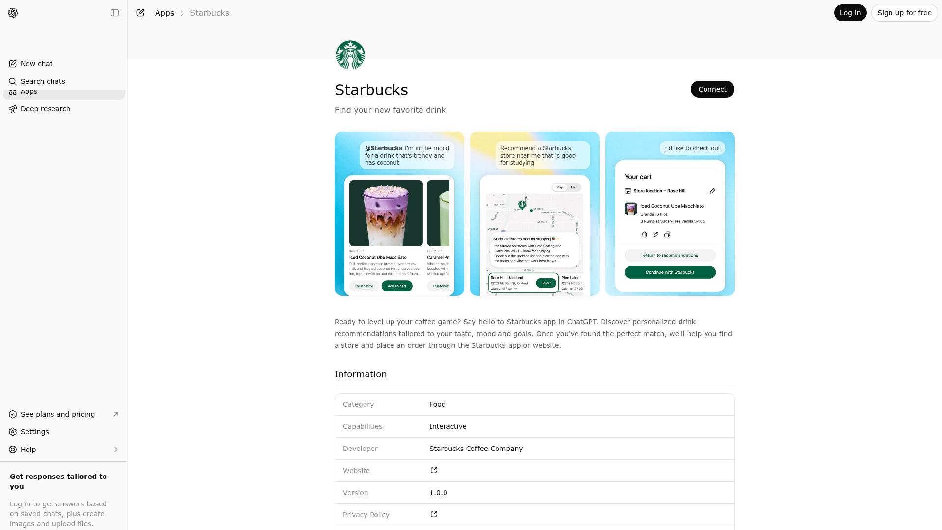 Screenshot of Starbucks website