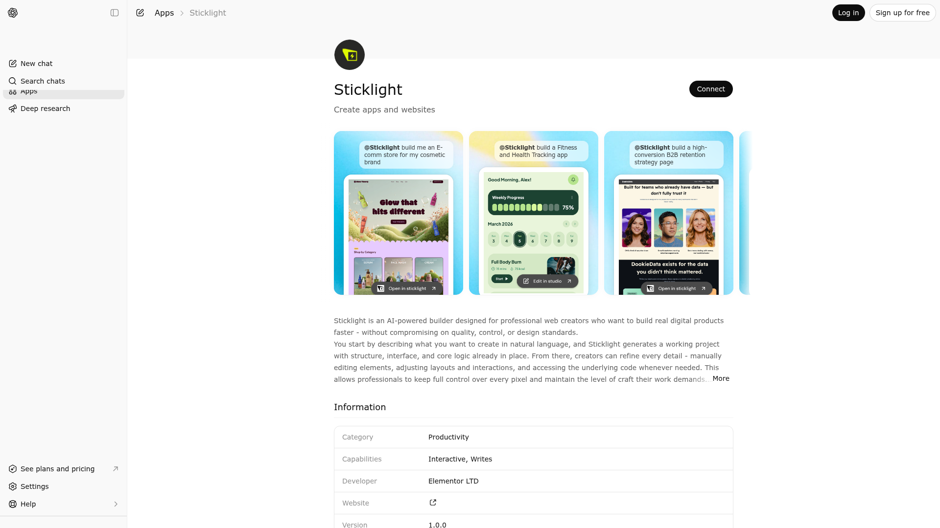 Screenshot of Sticklight website