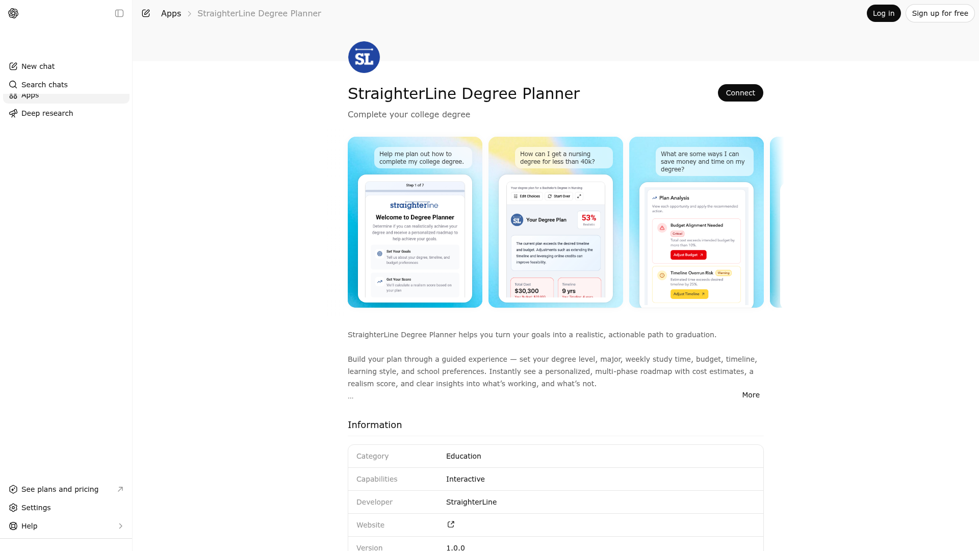 Screenshot of StraighterLine Degree Planner website