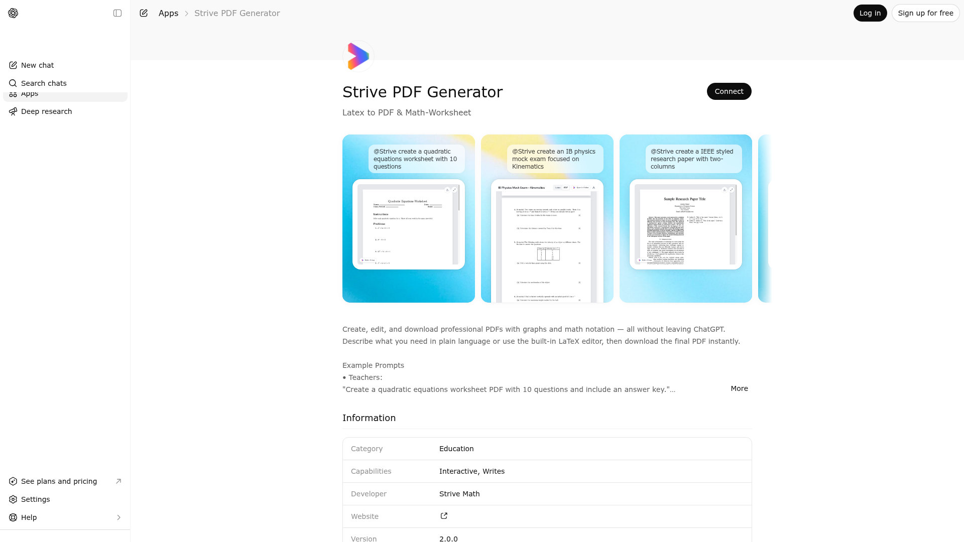 Screenshot of Strive PDF Generator website