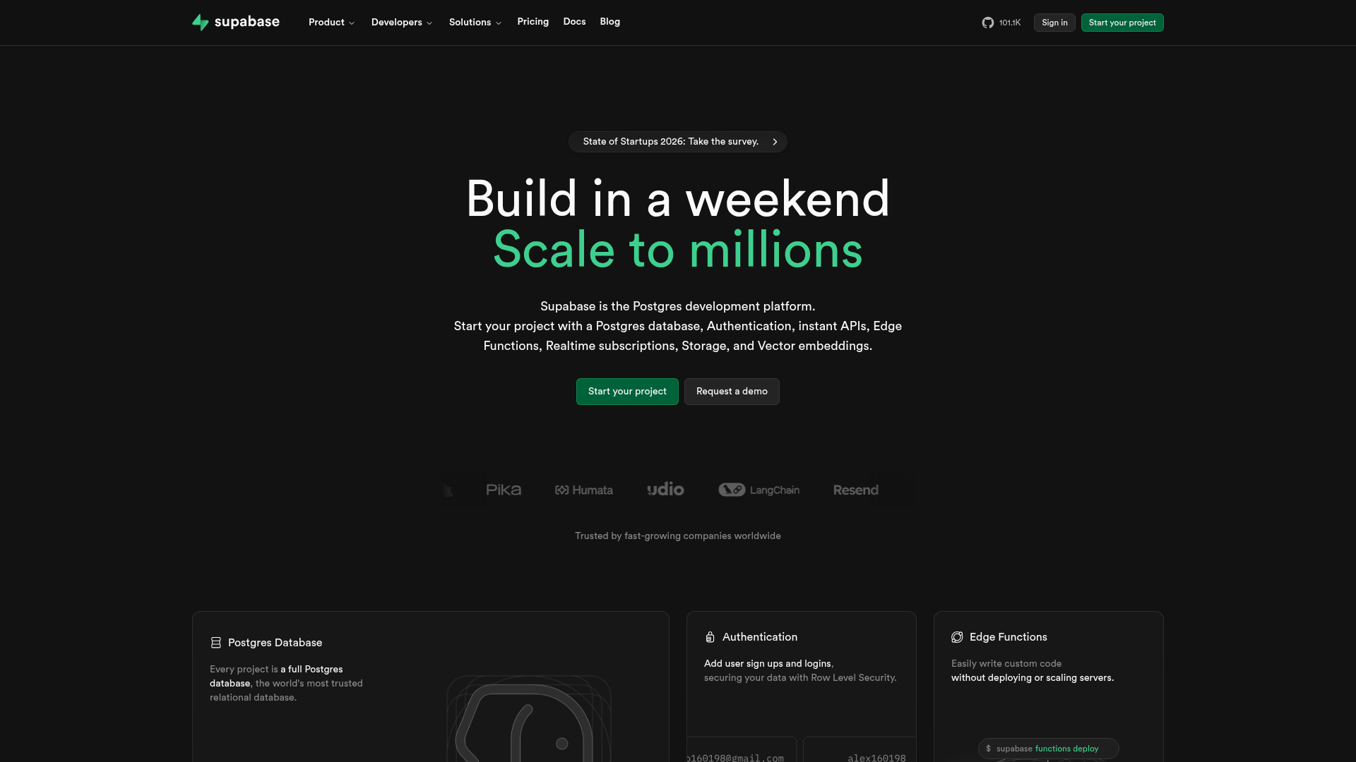 Screenshot of Supabase website