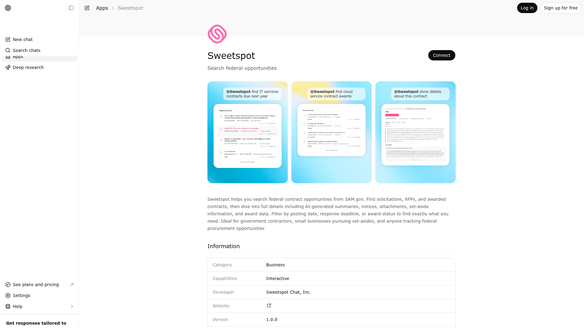 Screenshot of Sweetspot website