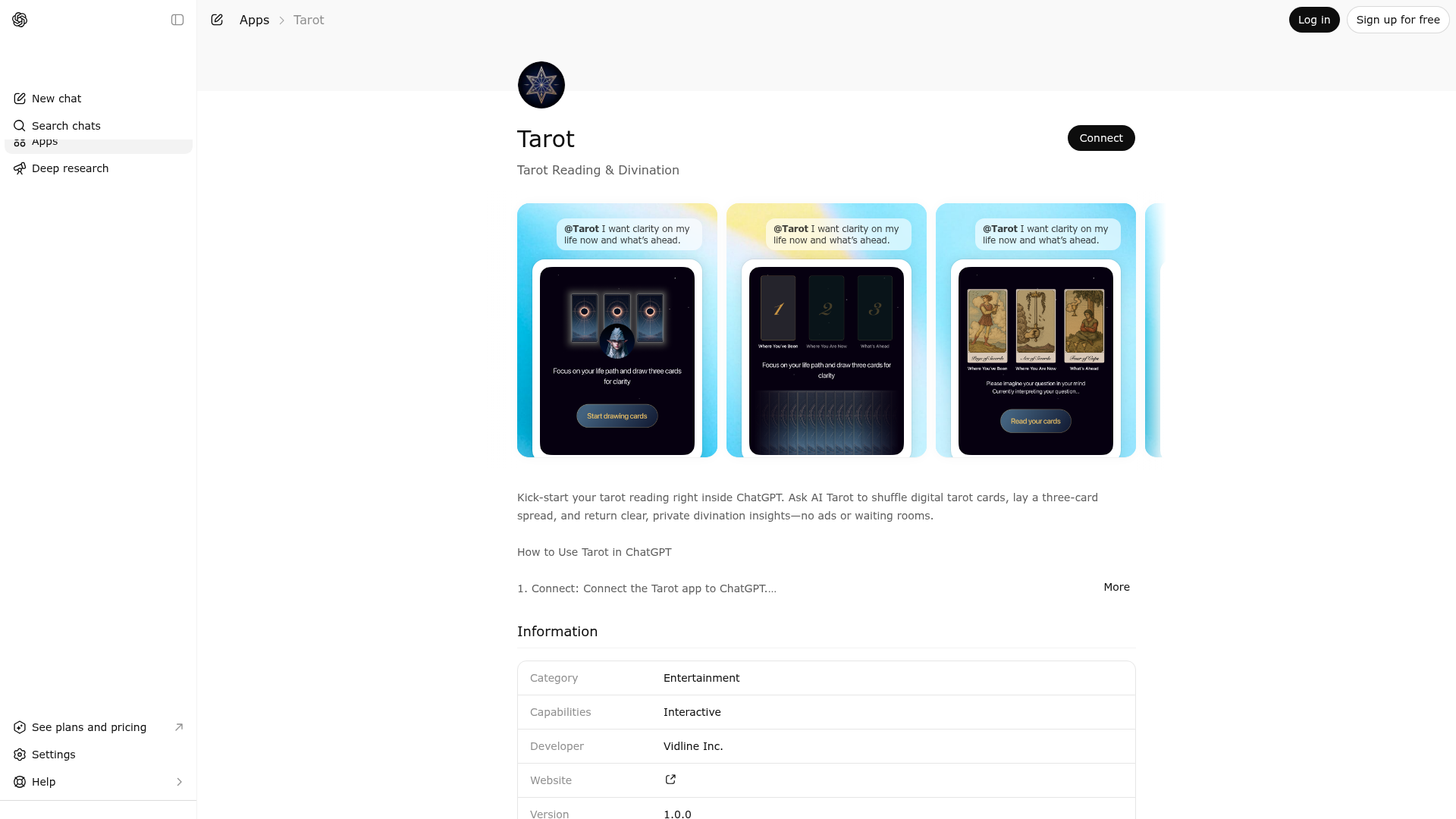 Screenshot of Tarot website