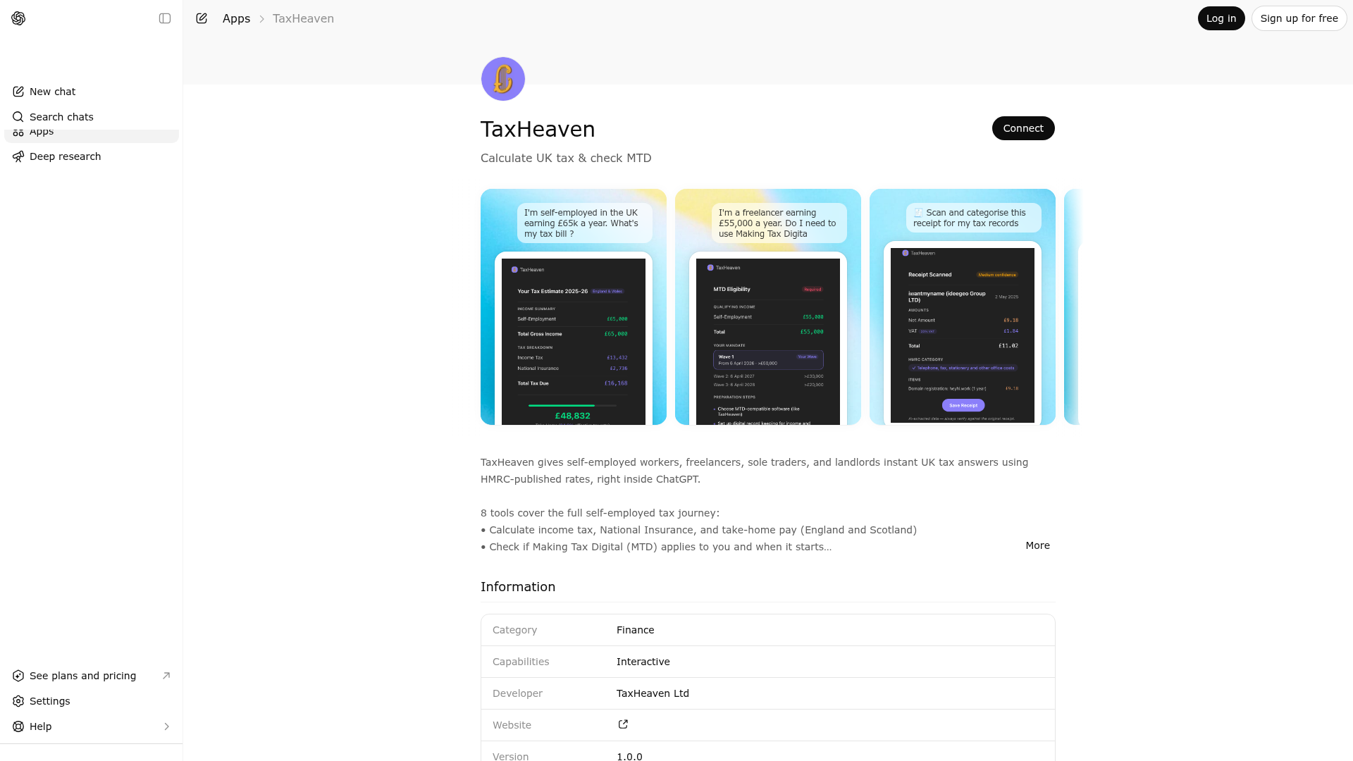 Screenshot of TaxHeaven website