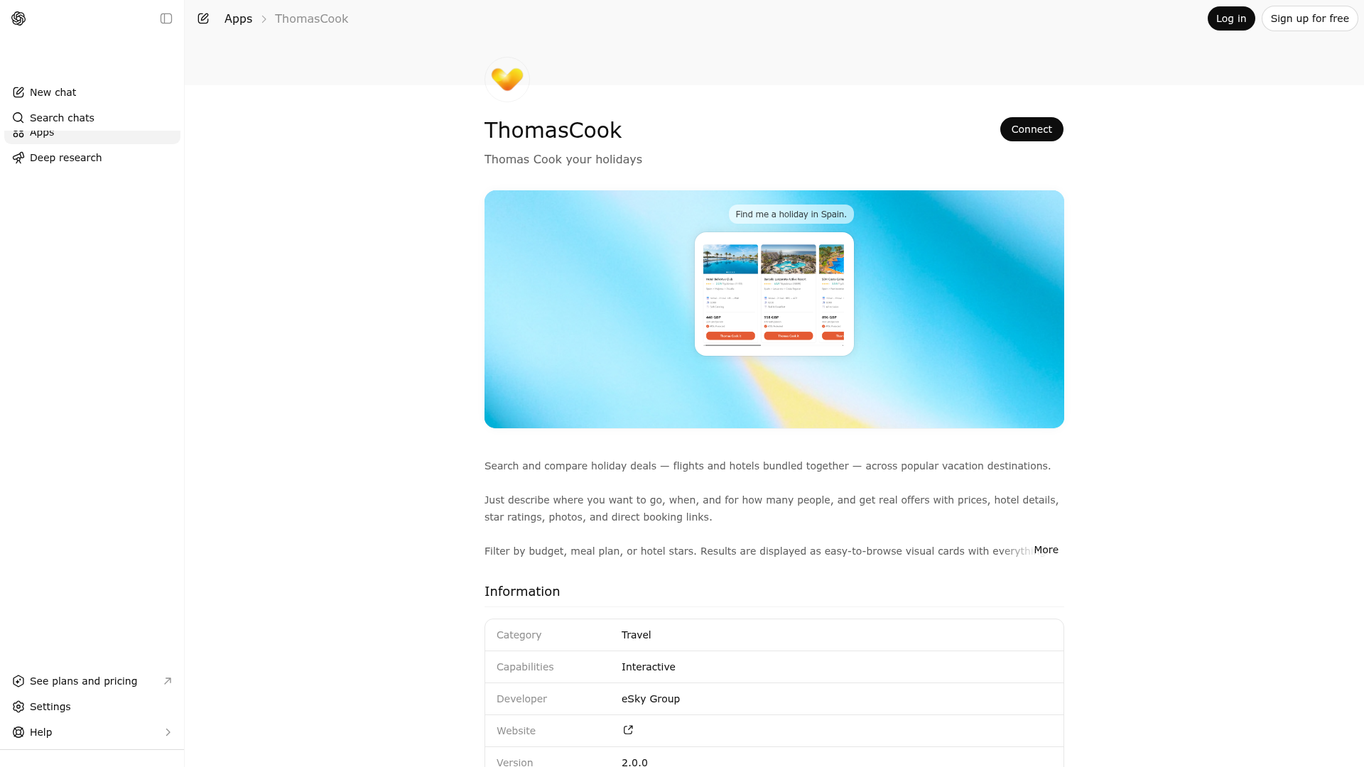 Screenshot of ThomasCook website