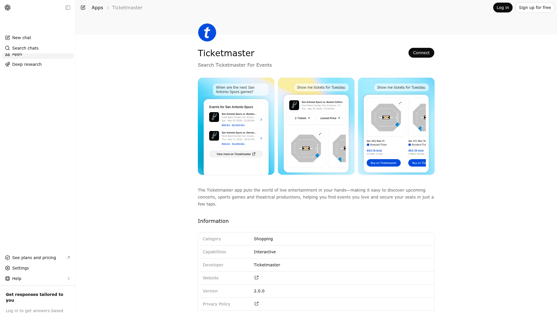 Screenshot of Ticketmaster website