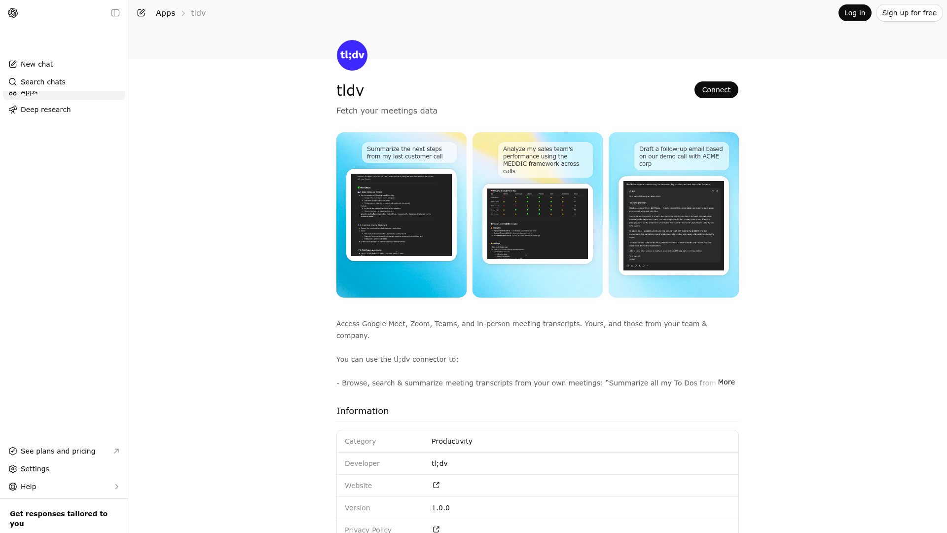 Screenshot of tldv website