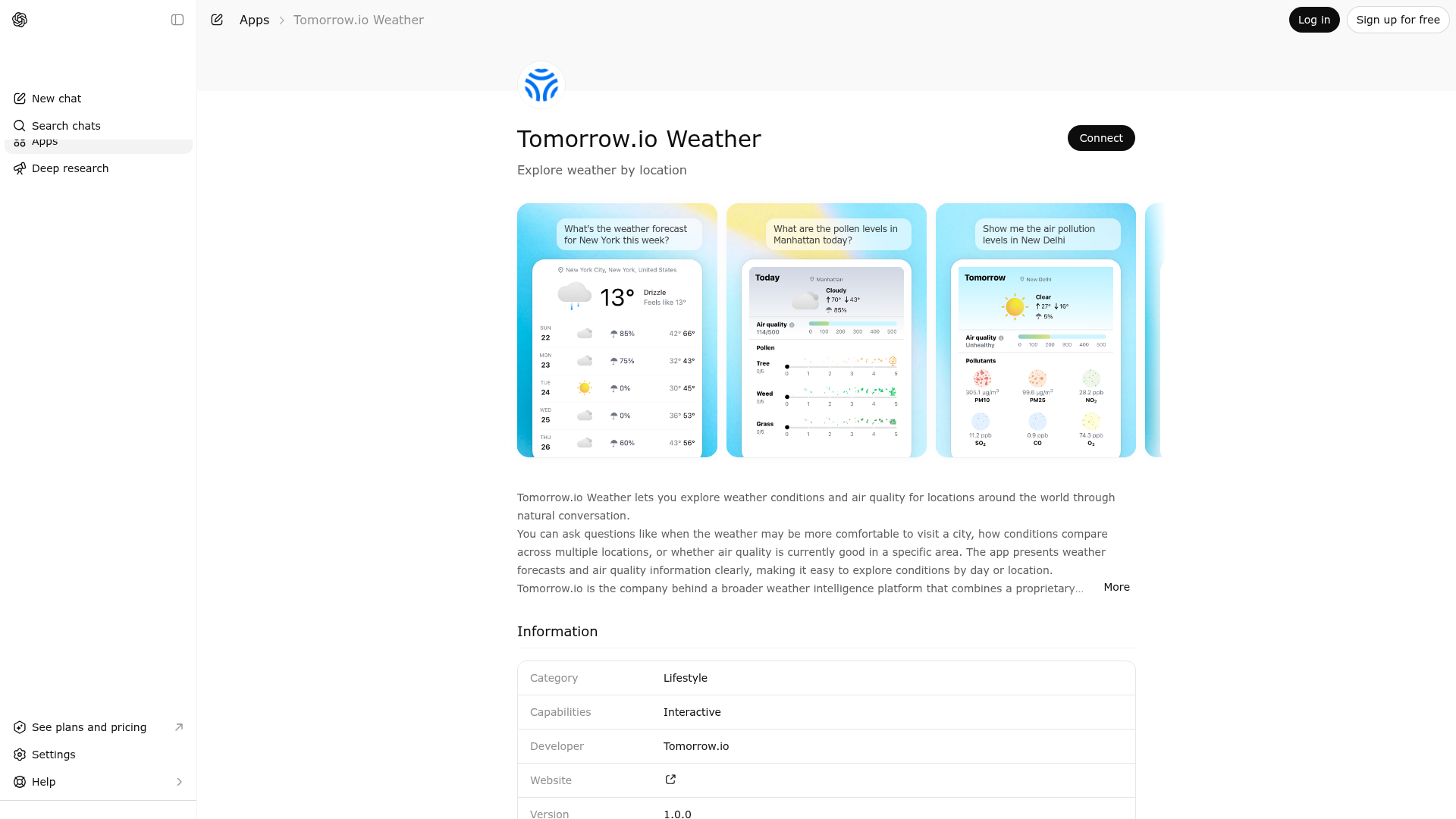 Screenshot of Tomorrow.io Weather website