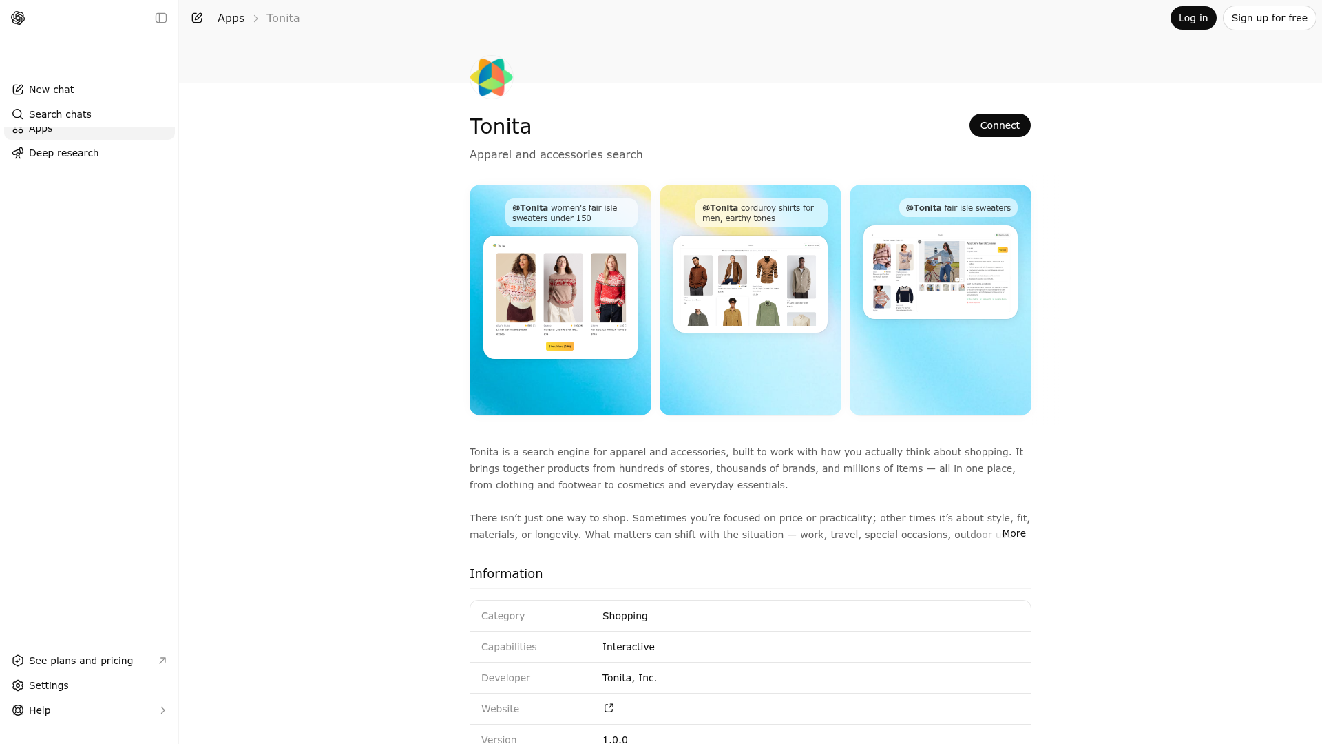 Screenshot of Tonita website