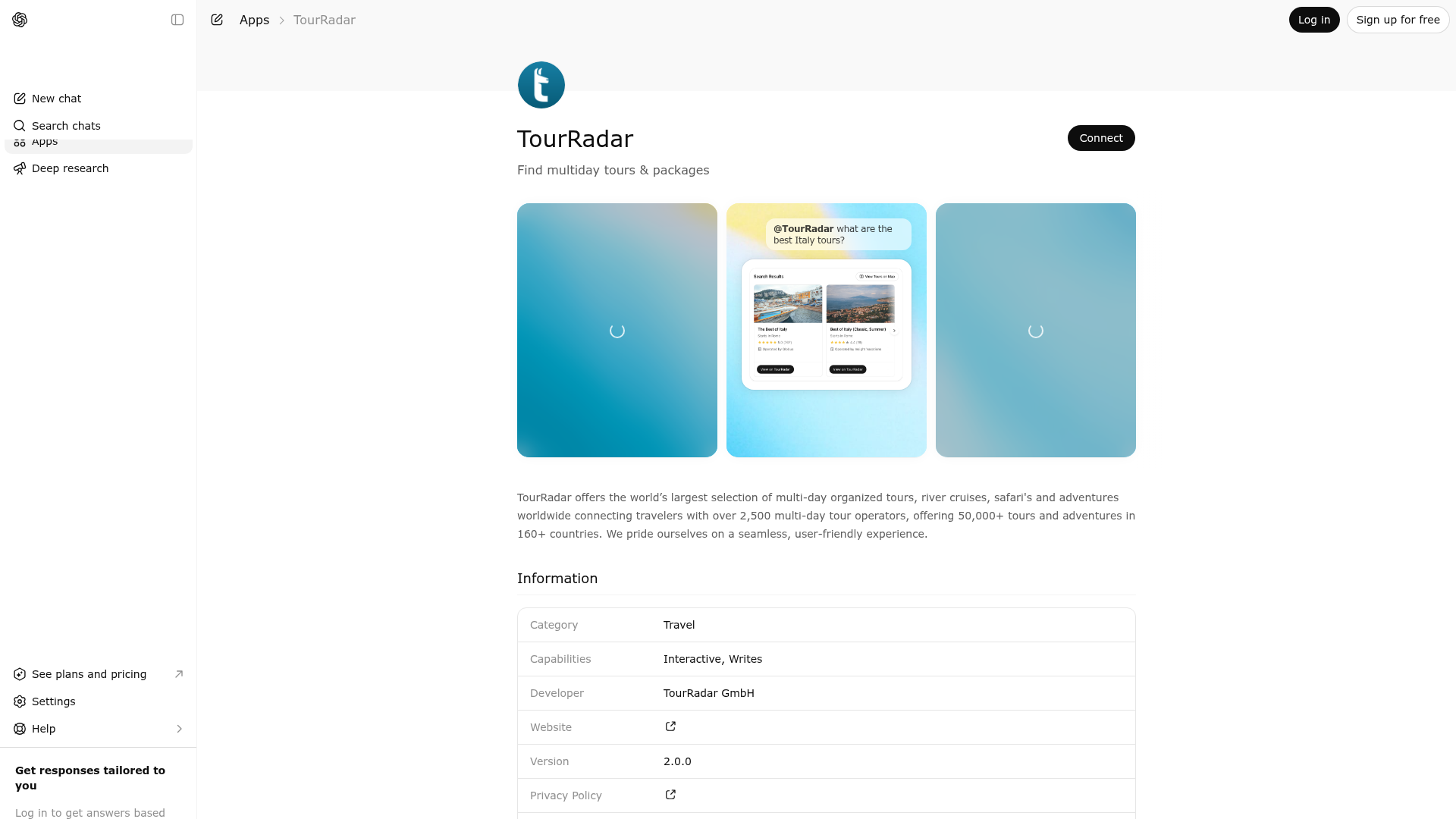 Screenshot of TourRadar website