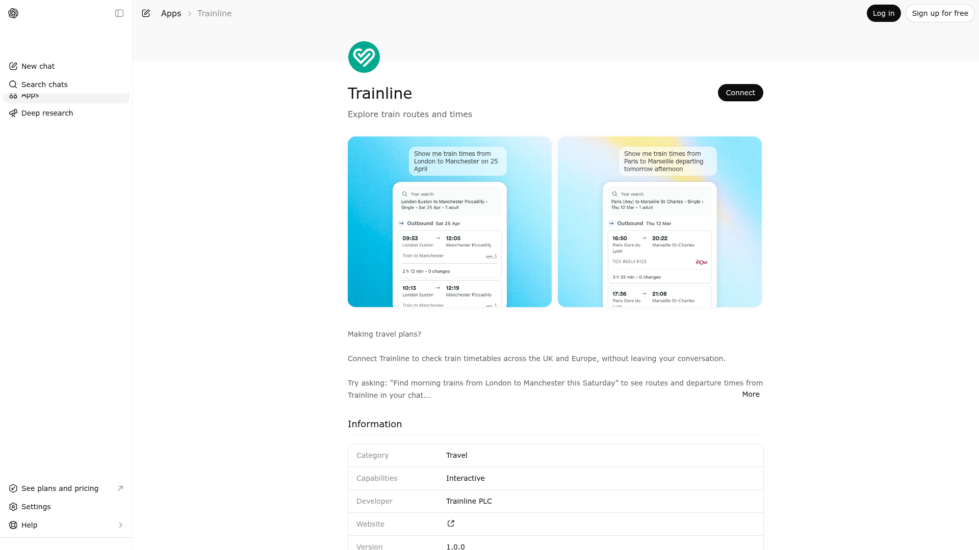 Screenshot of Trainline website