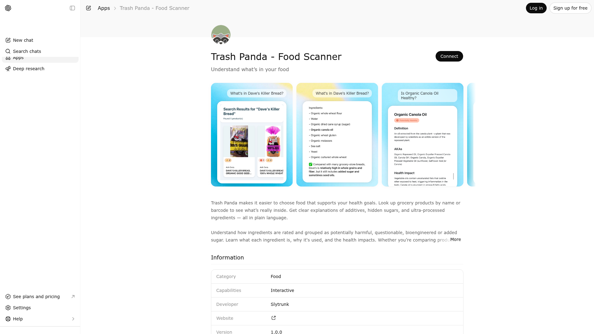 Screenshot of Trash Panda - Food Scanner website