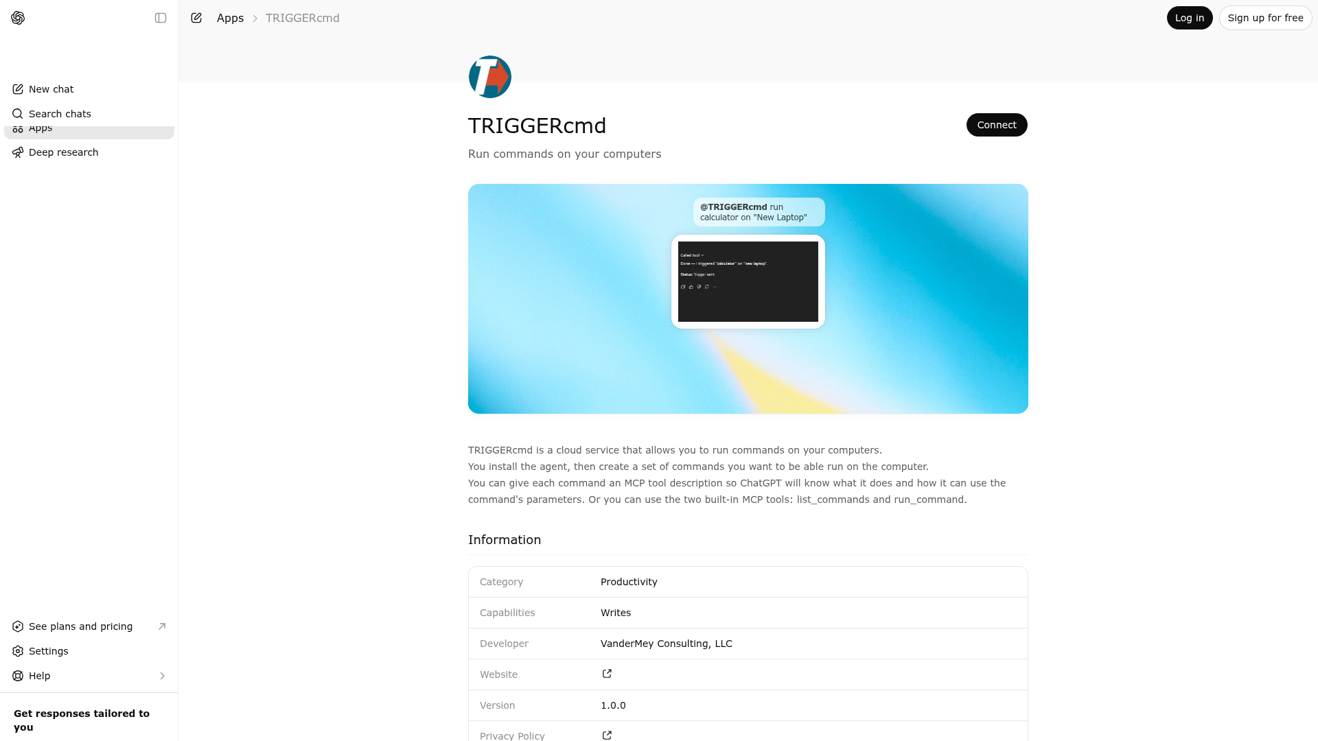 Screenshot of TRIGGERcmd website