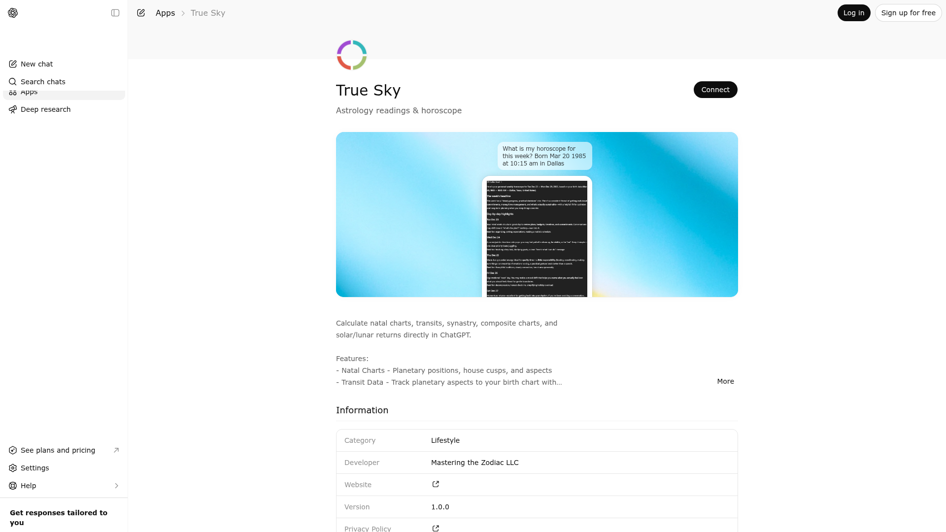 Screenshot of True Sky website
