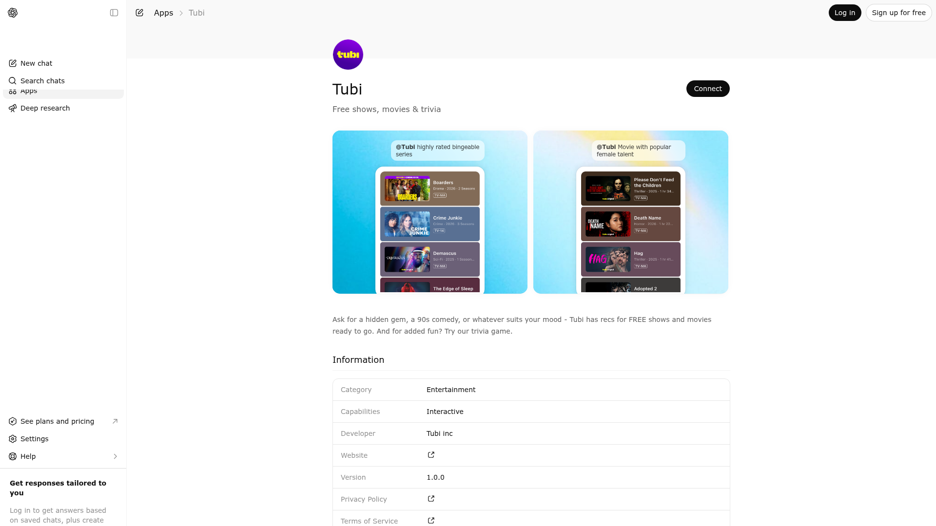 Screenshot of Tubi website