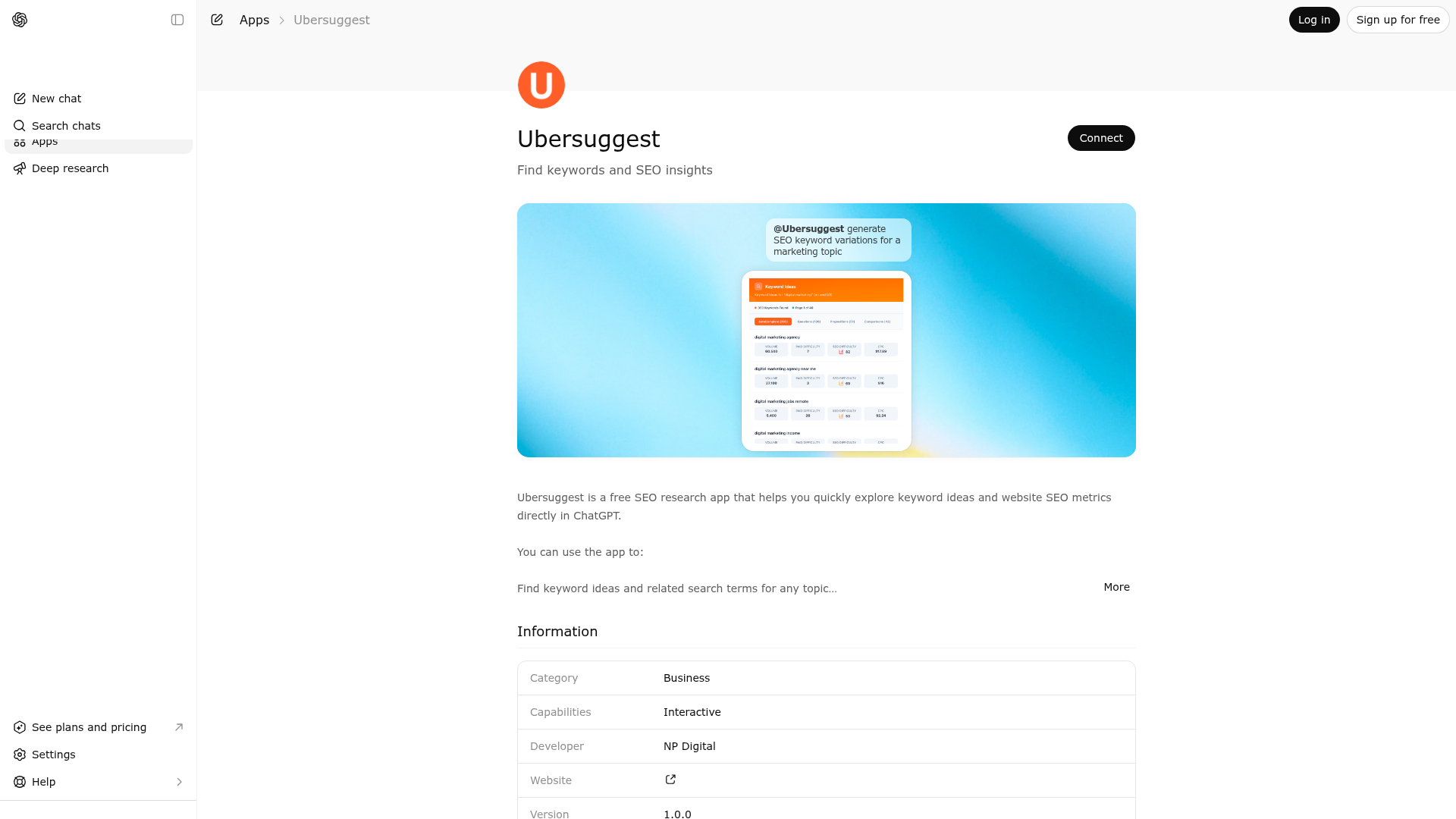 Screenshot of Ubersuggest website