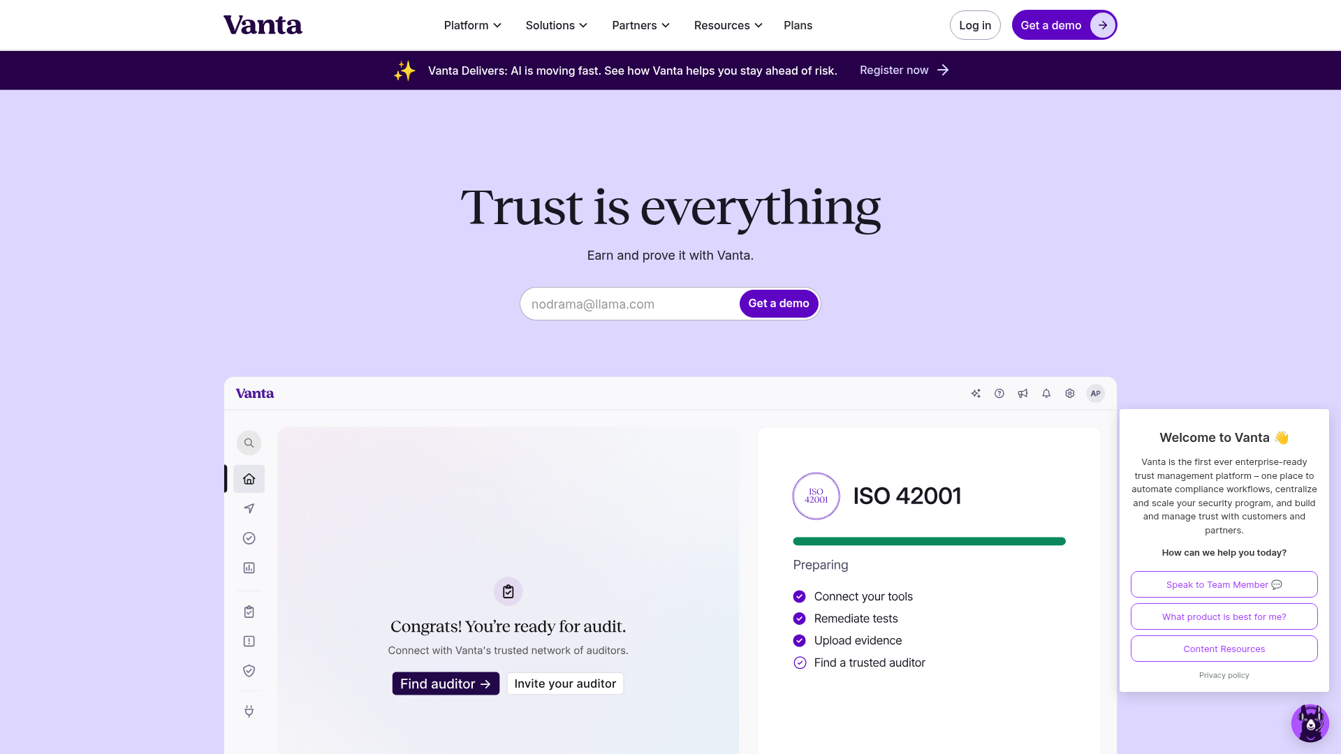Screenshot of Vanta website