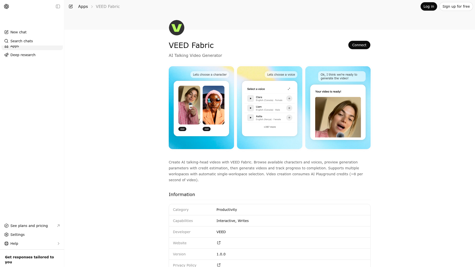 Screenshot of VEED Fabric website