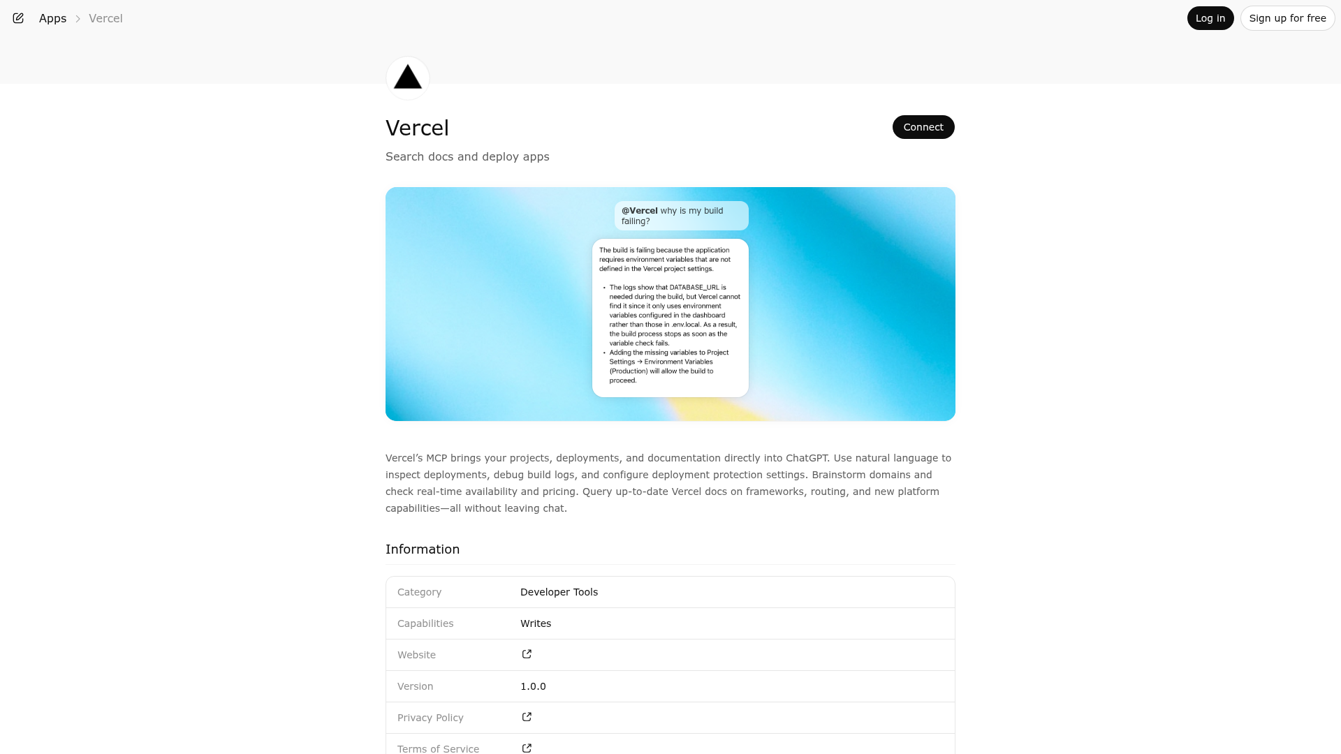 Screenshot of Vercel website