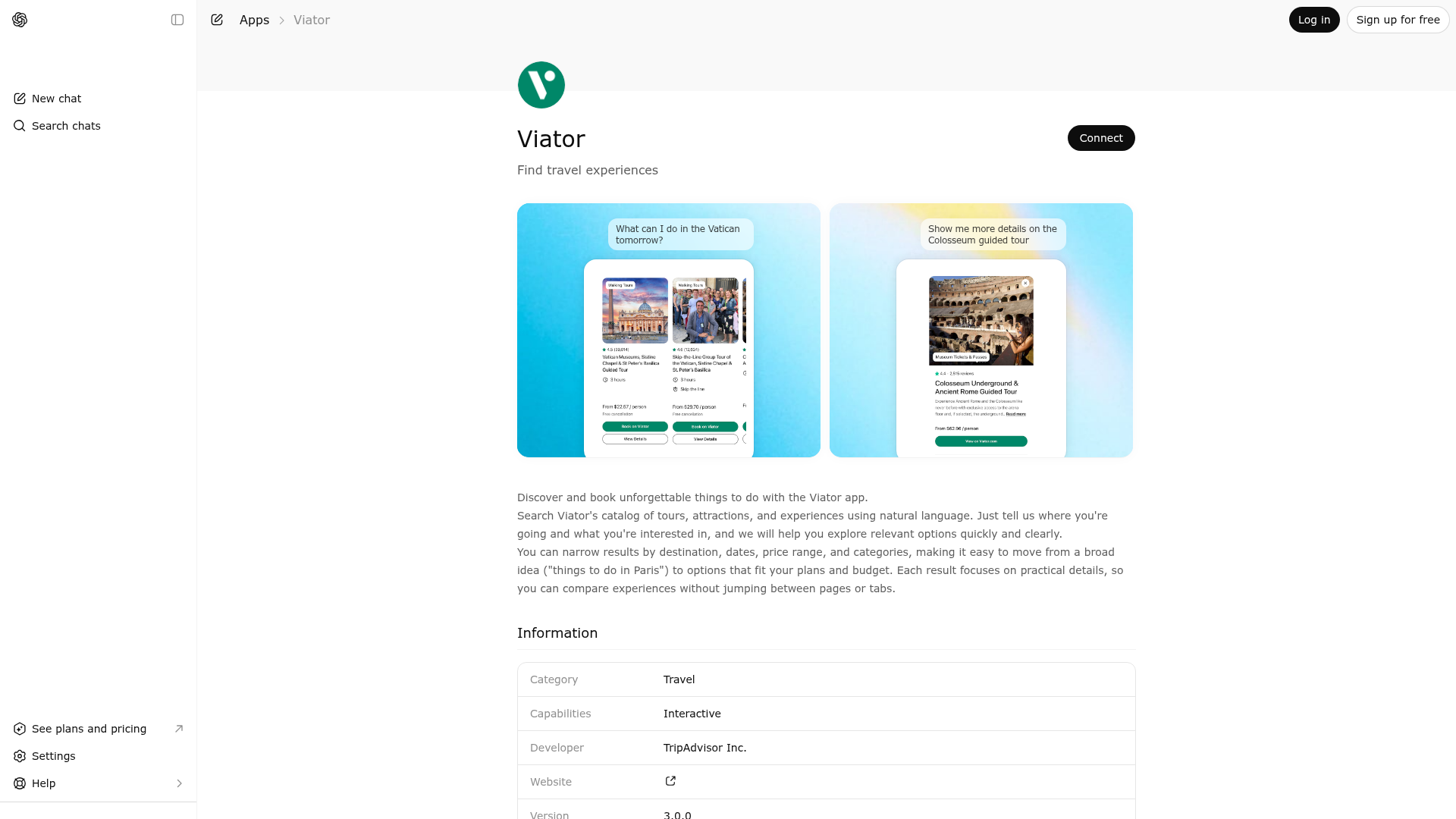 Screenshot of Viator website