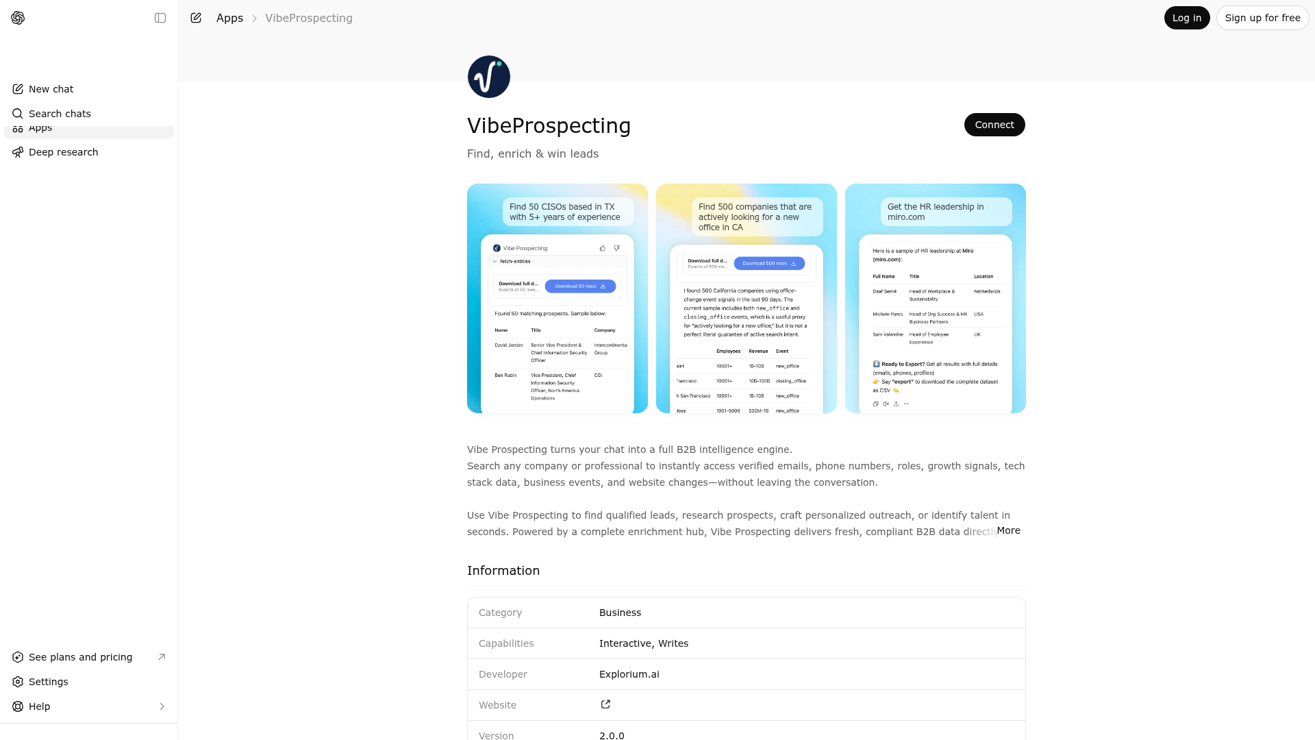 Screenshot of VibeProspecting website