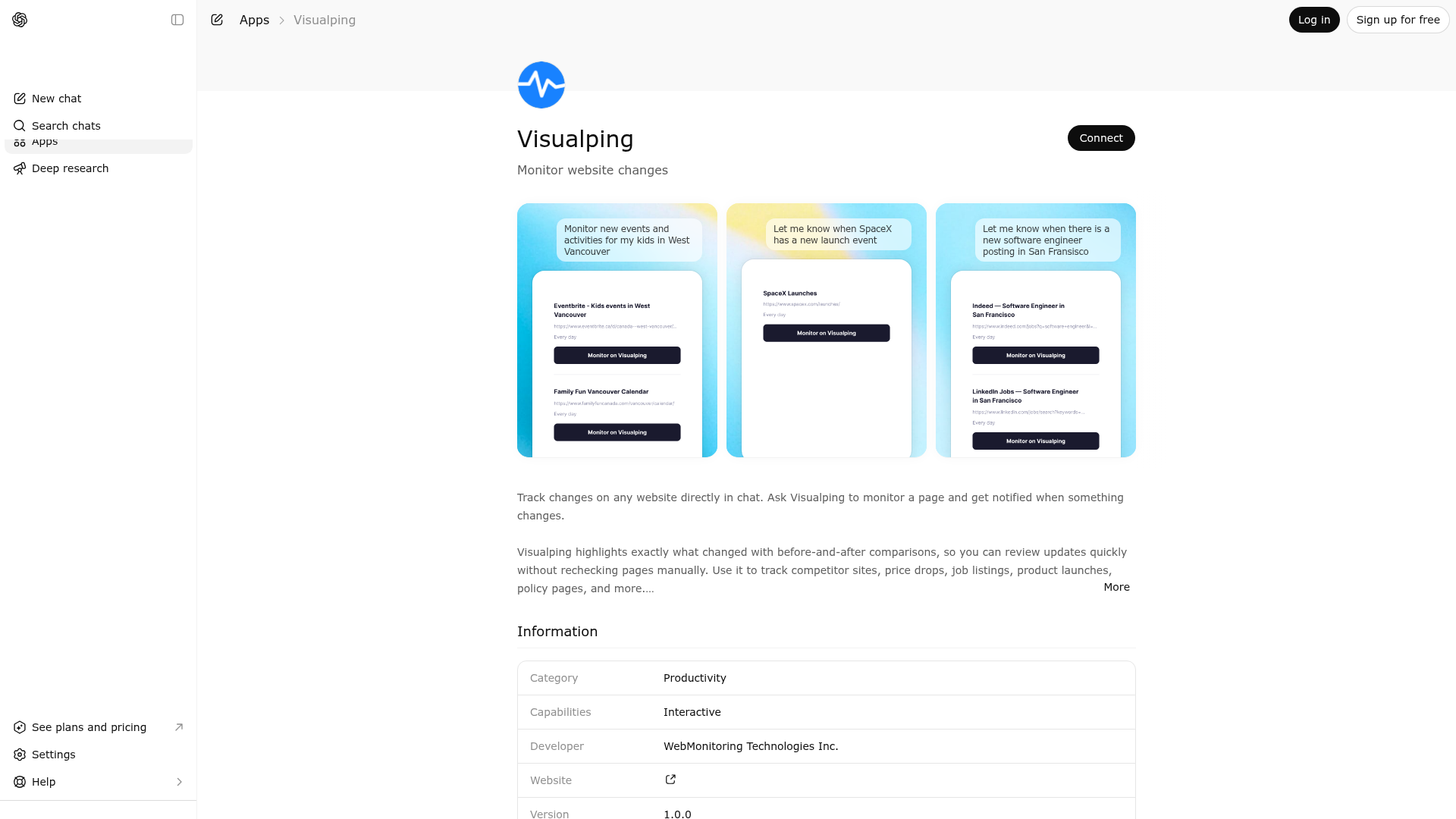 Screenshot of Visualping website